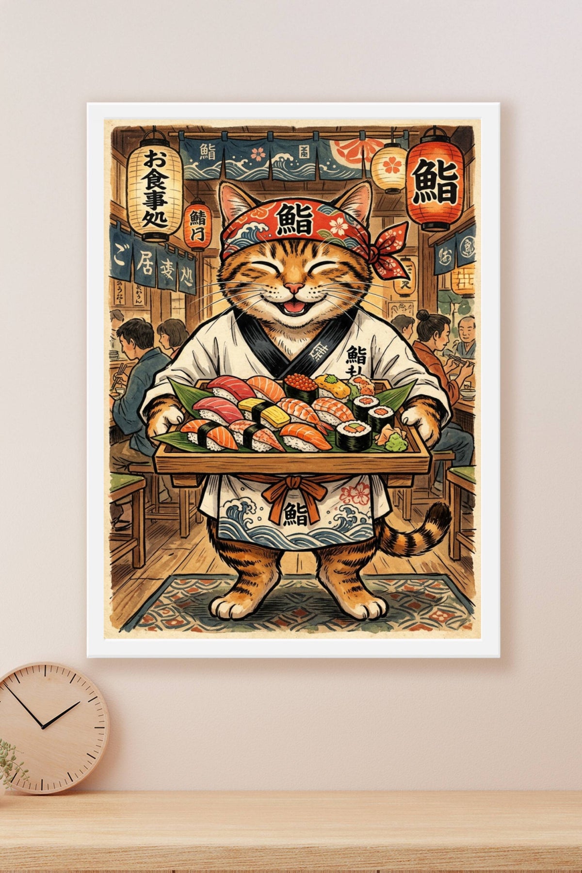 Poster Chat Sushi Japonais, affiche style vintage