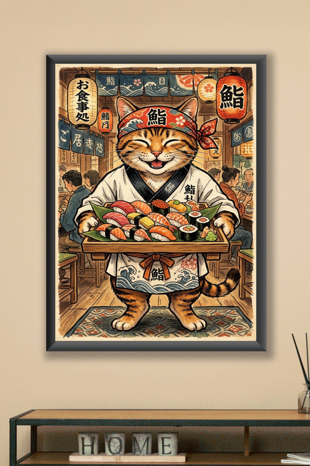 Poster Chat Sushi Japonais, affiche style vintage