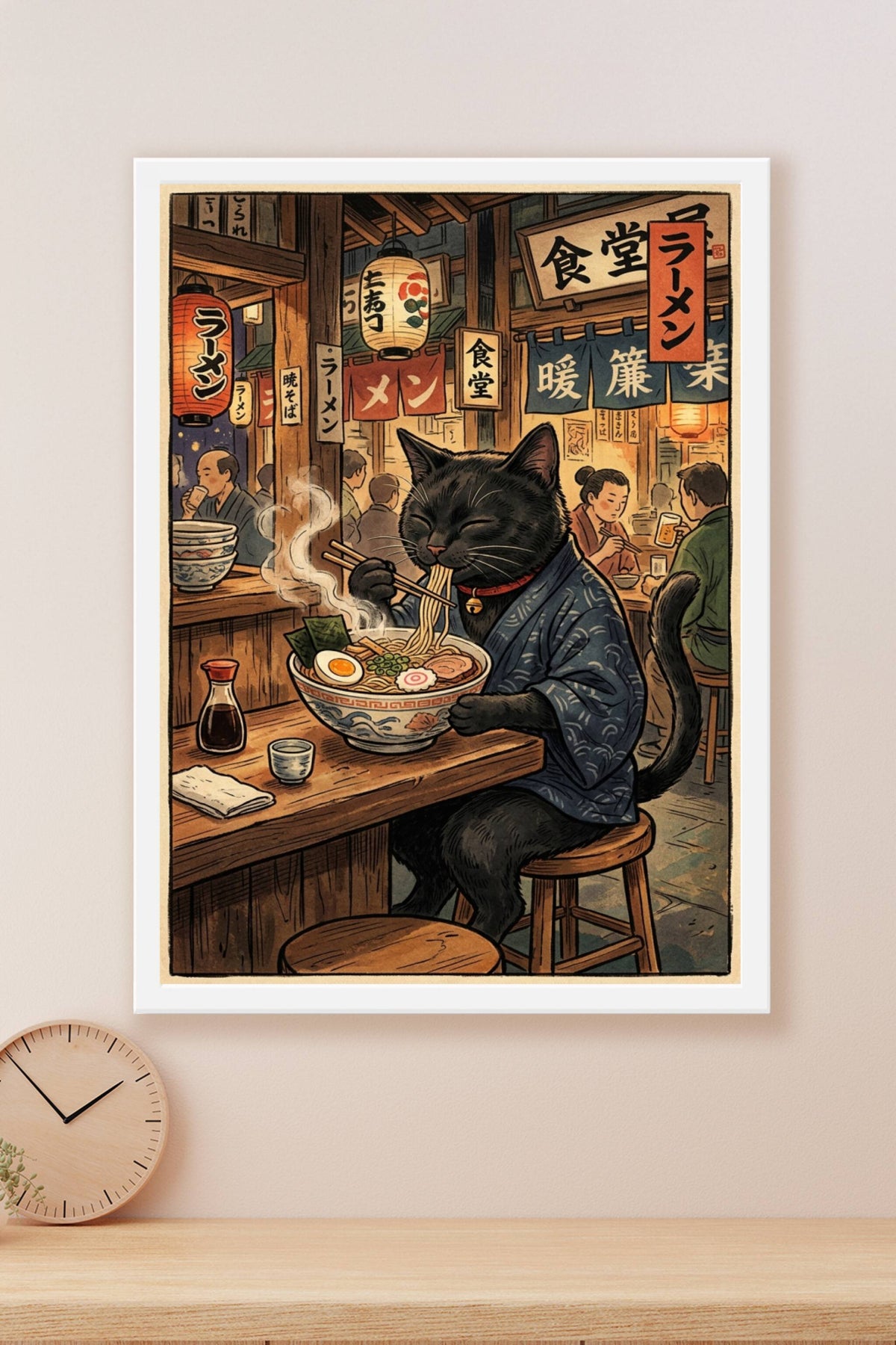 Poster Chat Ramen Japonais, affiche chat noir en kimono