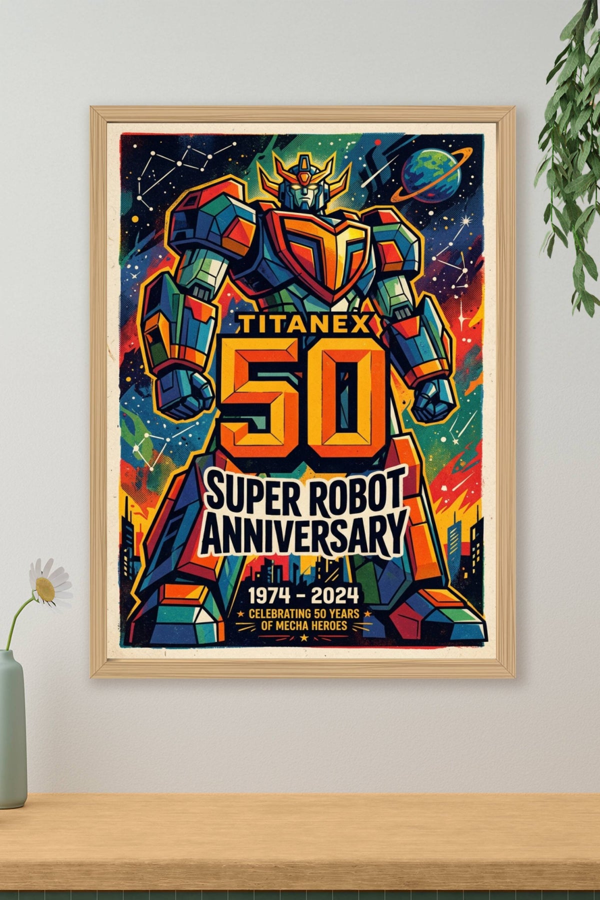 Affiche du Robot Titanex, poster style rétro mecha