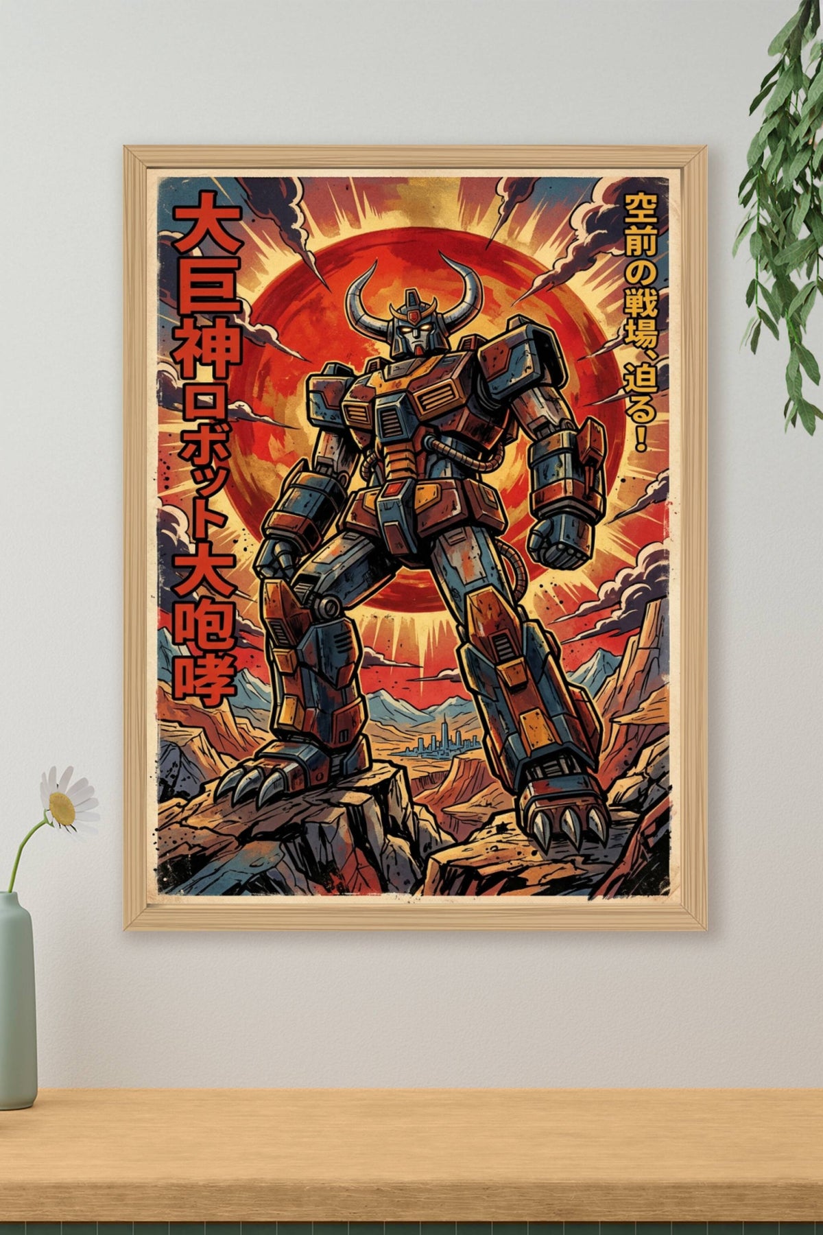 Affiche Robot japonais vintage, poster soleil rouge