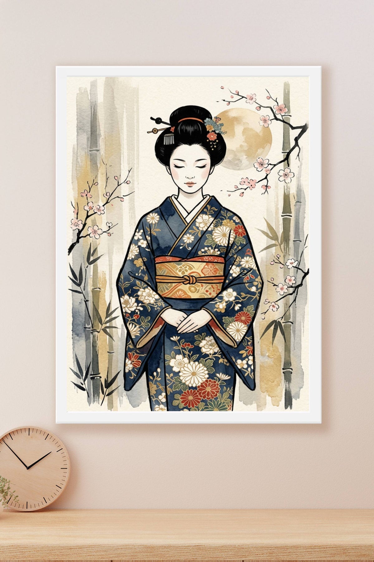 Poster Geisha japonaise, affiche cerisier et bambou