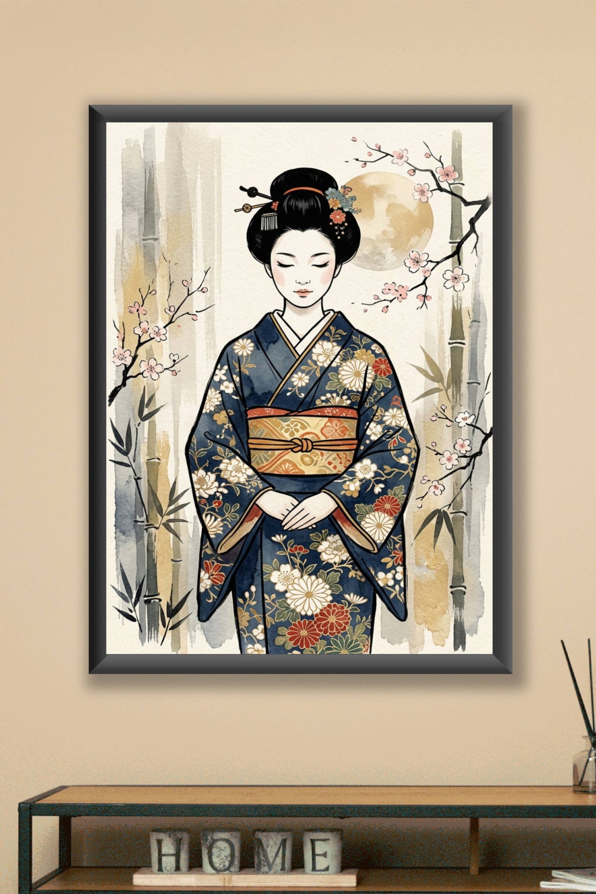 Poster Geisha japonaise, affiche cerisier et bambou