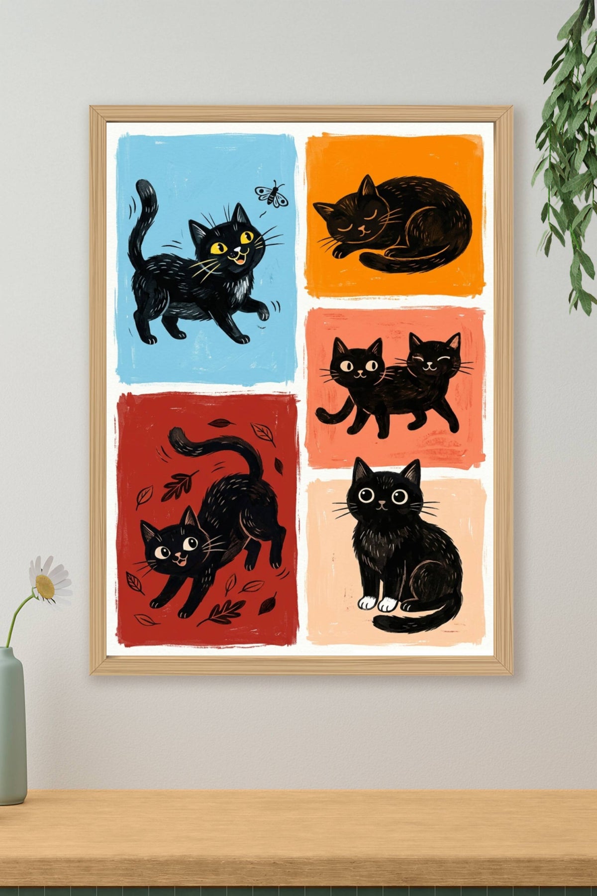 Poster de chats noirs, affiche avec cinq chats joueurs