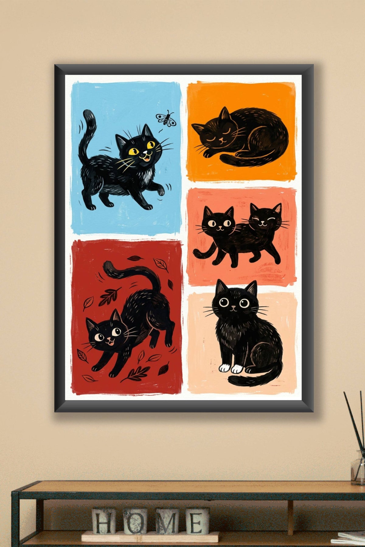 Poster de chats noirs, affiche avec cinq chats joueurs