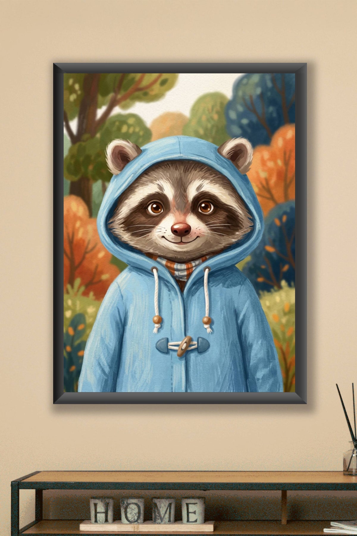 Affiche Raton laveur au manteau bleu, poster forêt