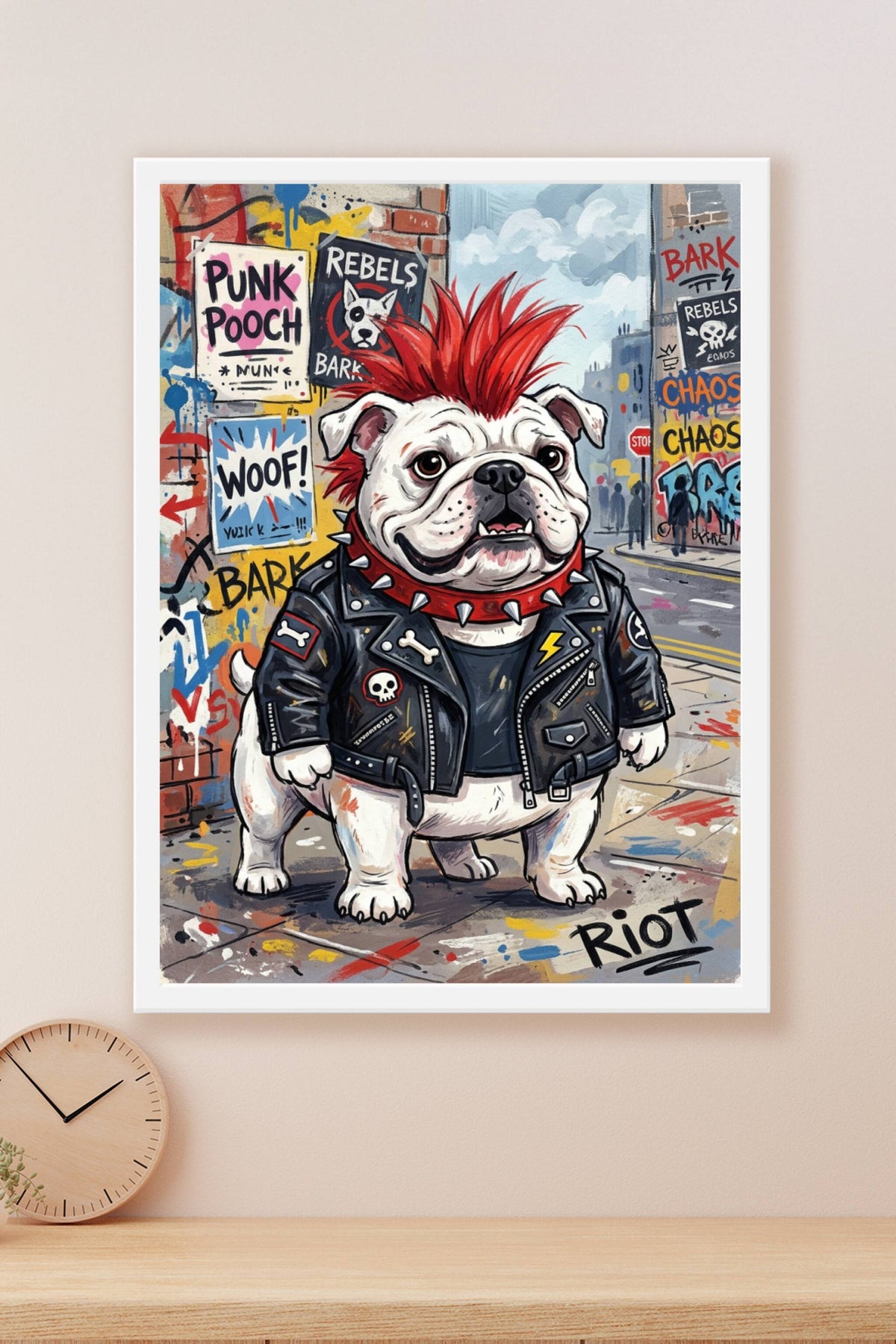 Poster Bulldog punk, affiche crête rouge et graffiti