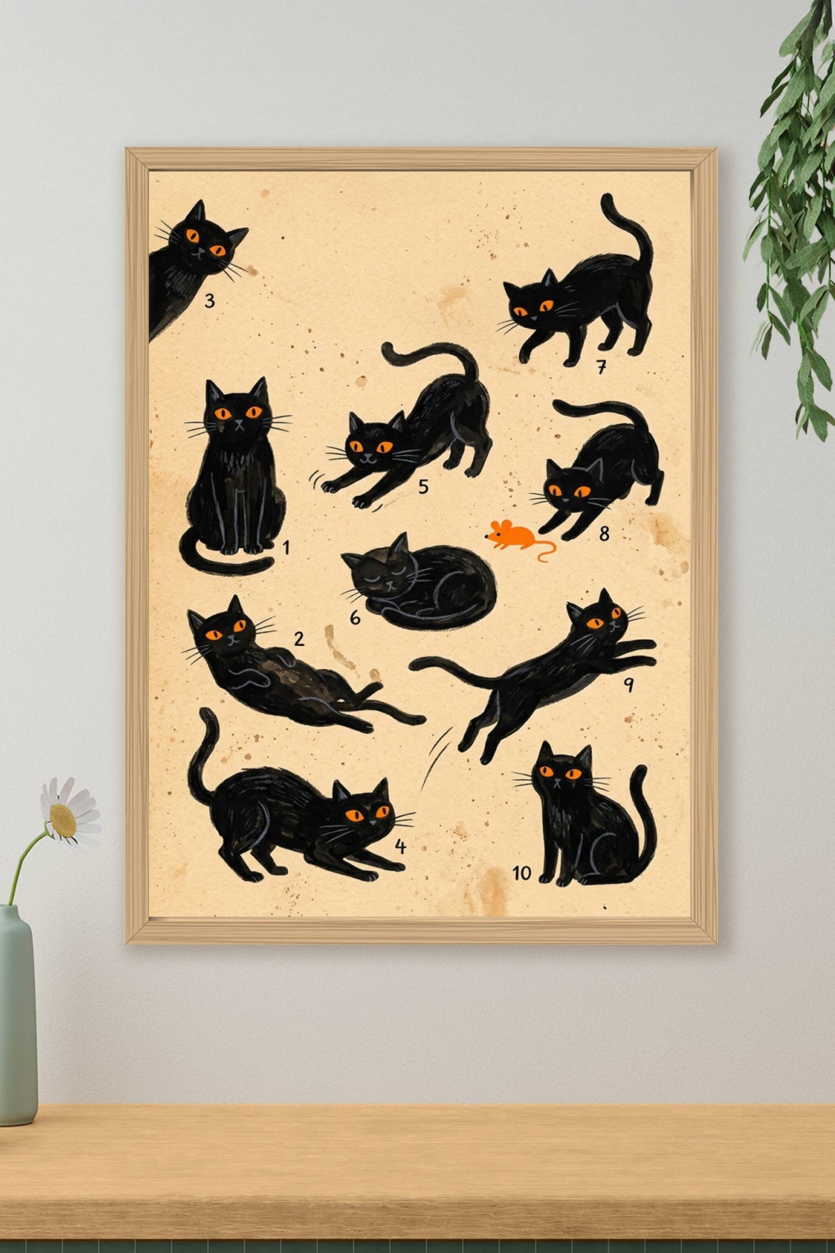 Poster de chats noirs, affiche illustrée 10 poses