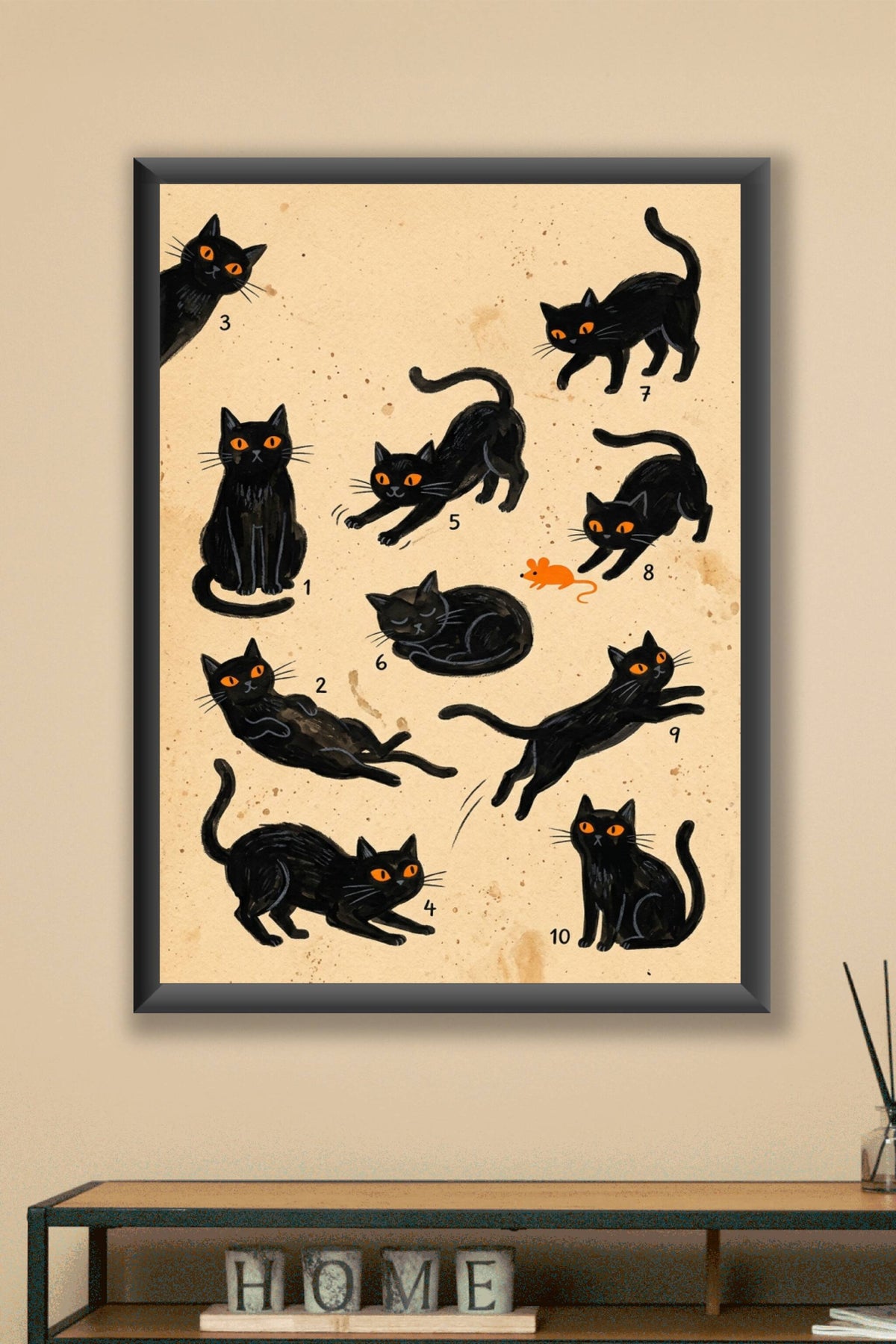 Poster de chats noirs, affiche illustrée 10 poses