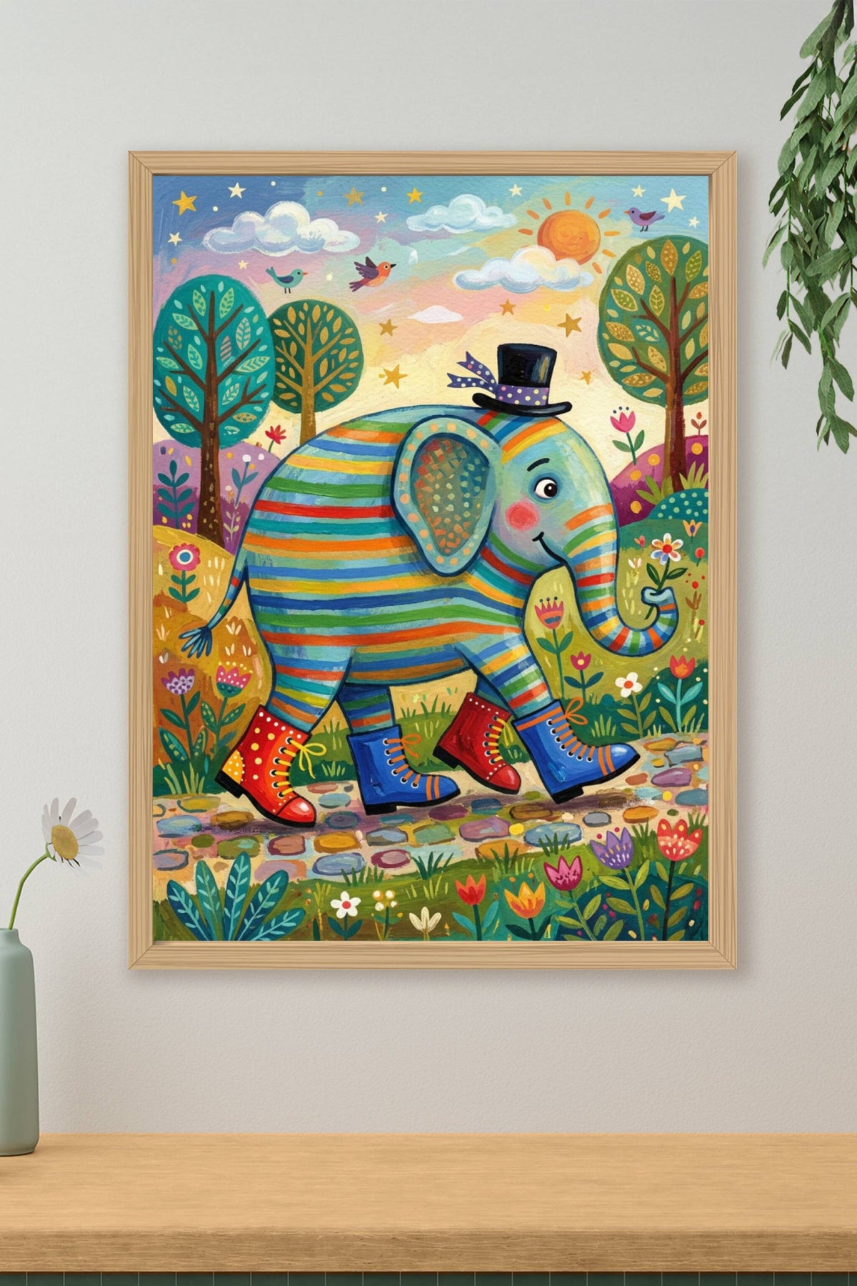 Poster Éléphant coloré, chapeau haut de forme et bottes