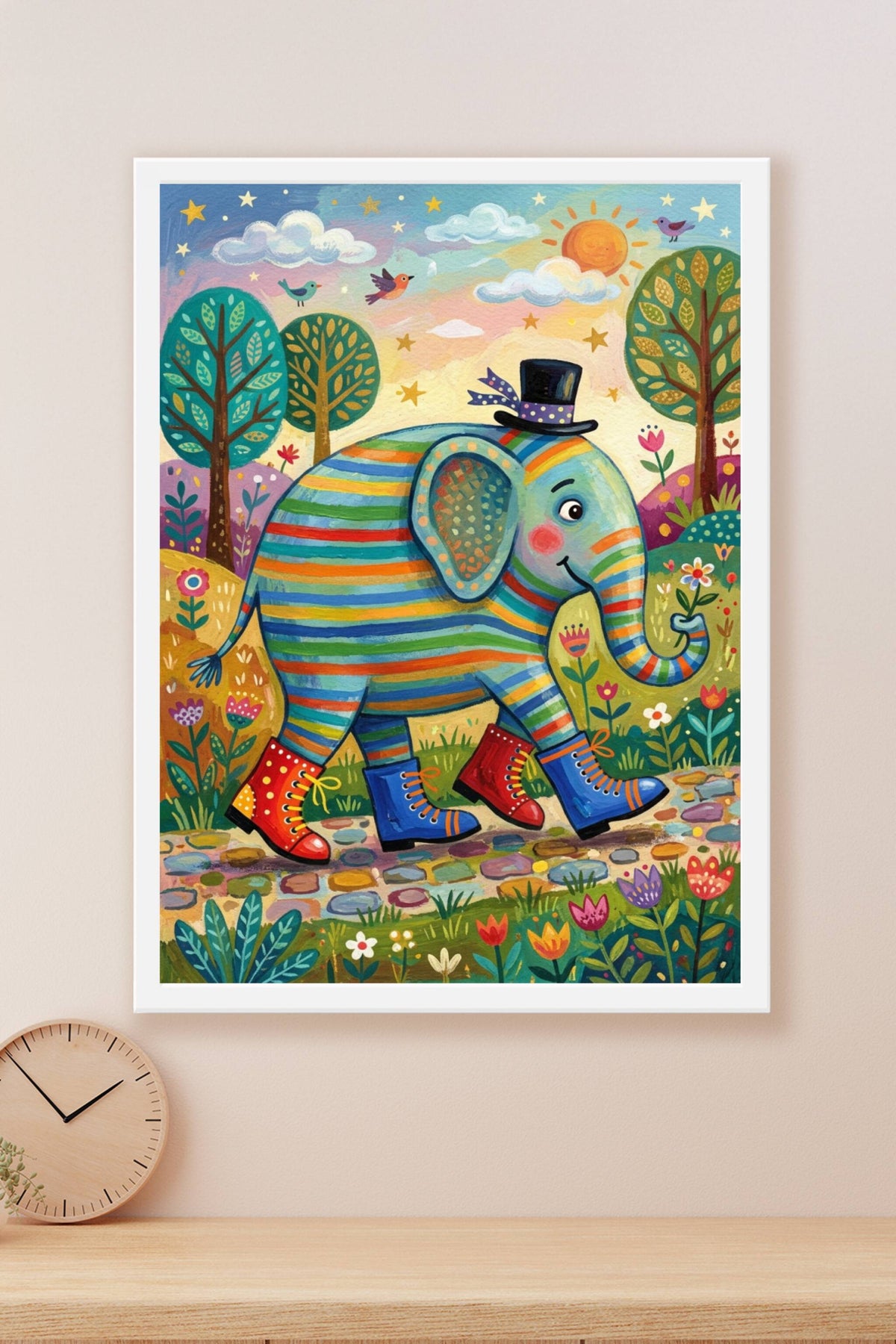 Poster Éléphant coloré, chapeau haut de forme et bottes