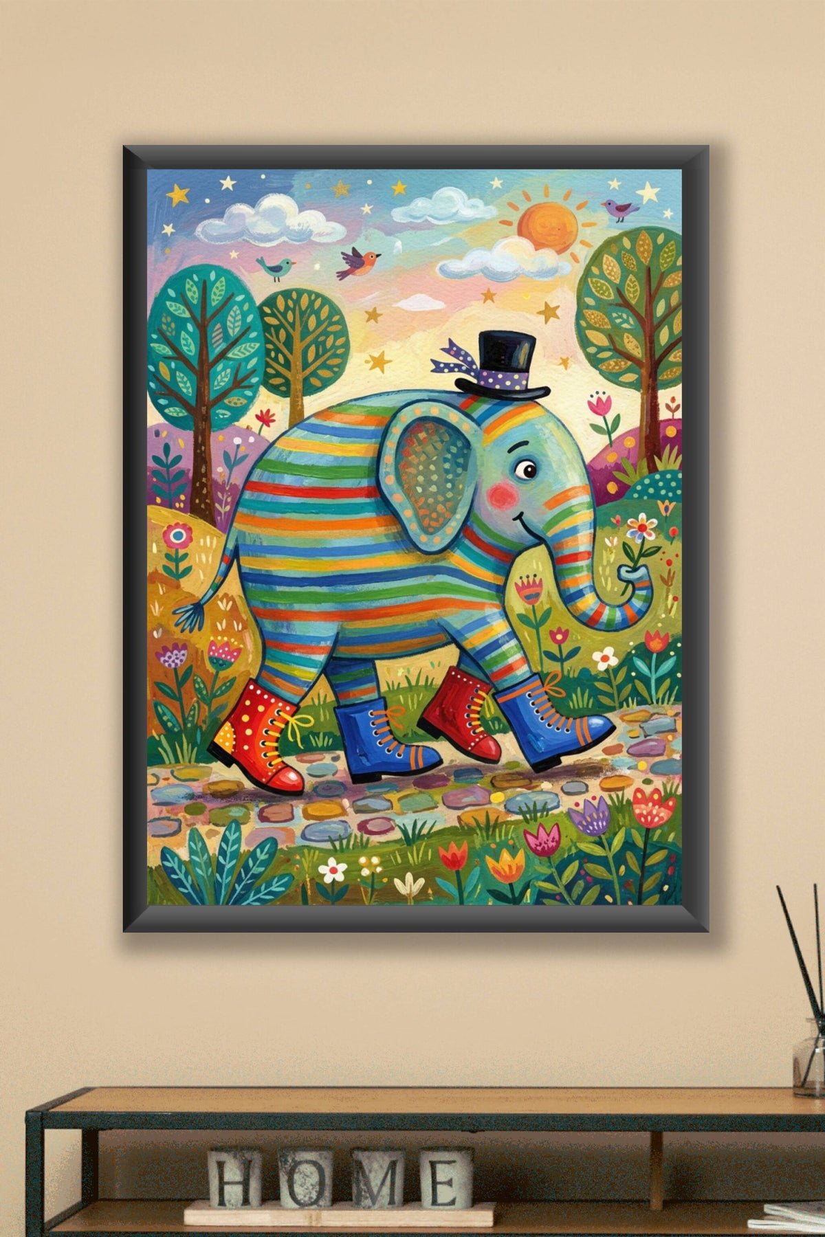 Poster Éléphant coloré, chapeau haut de forme et bottes