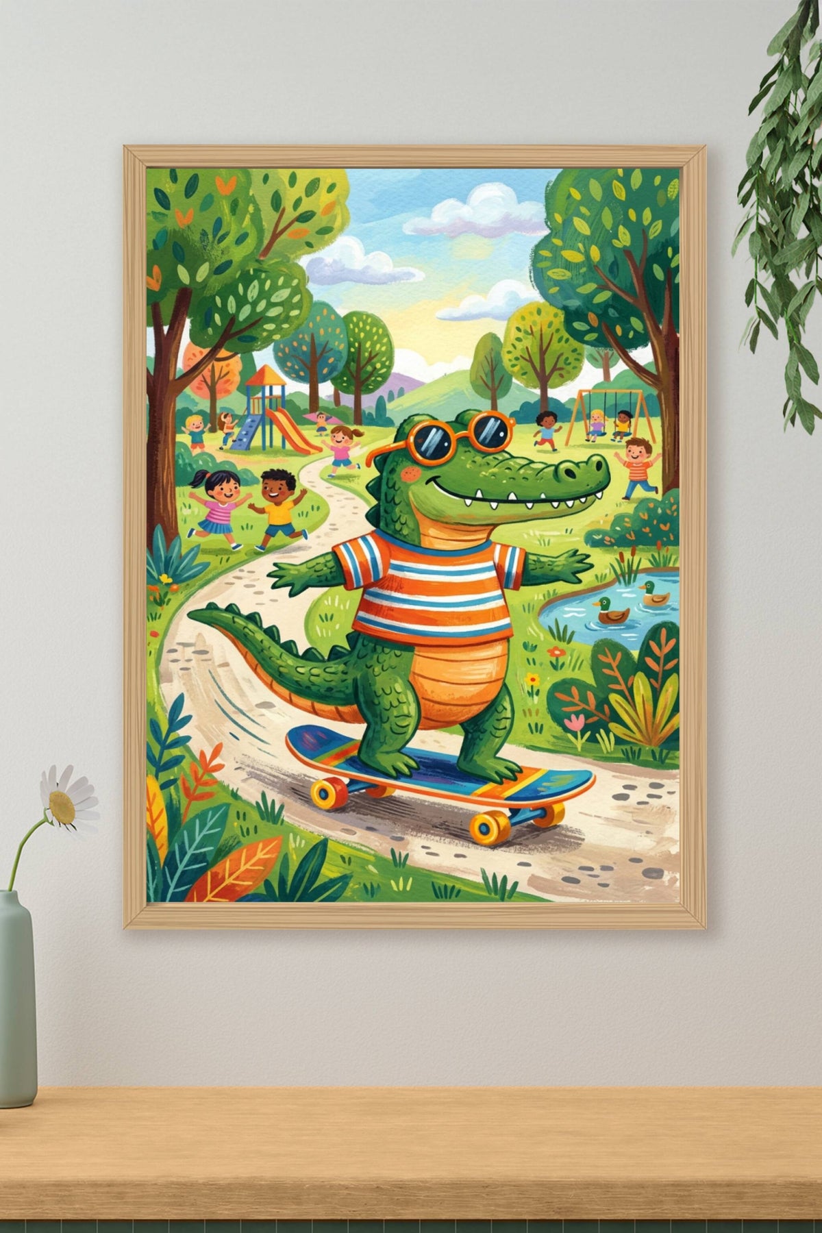 Poster Crocodile au parc, affiche skateboard enfant