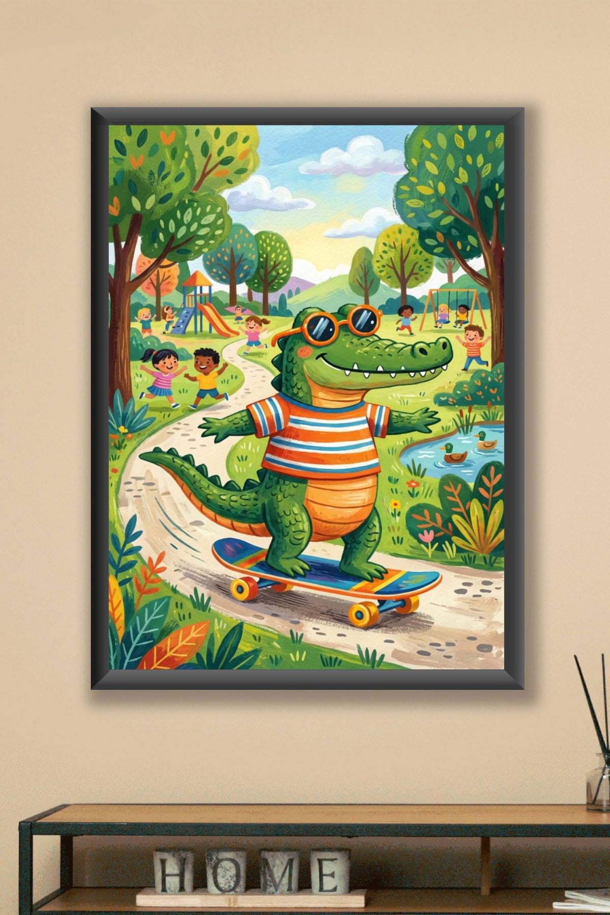 Poster Crocodile au parc, affiche skateboard enfant