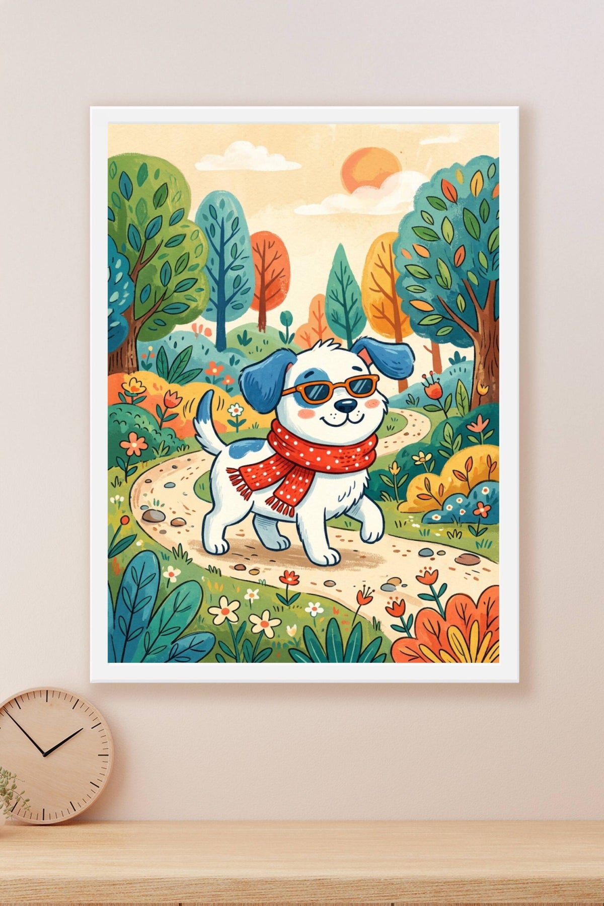 Poster Chien rigolo, affiche lunettes et écharpe rouge
