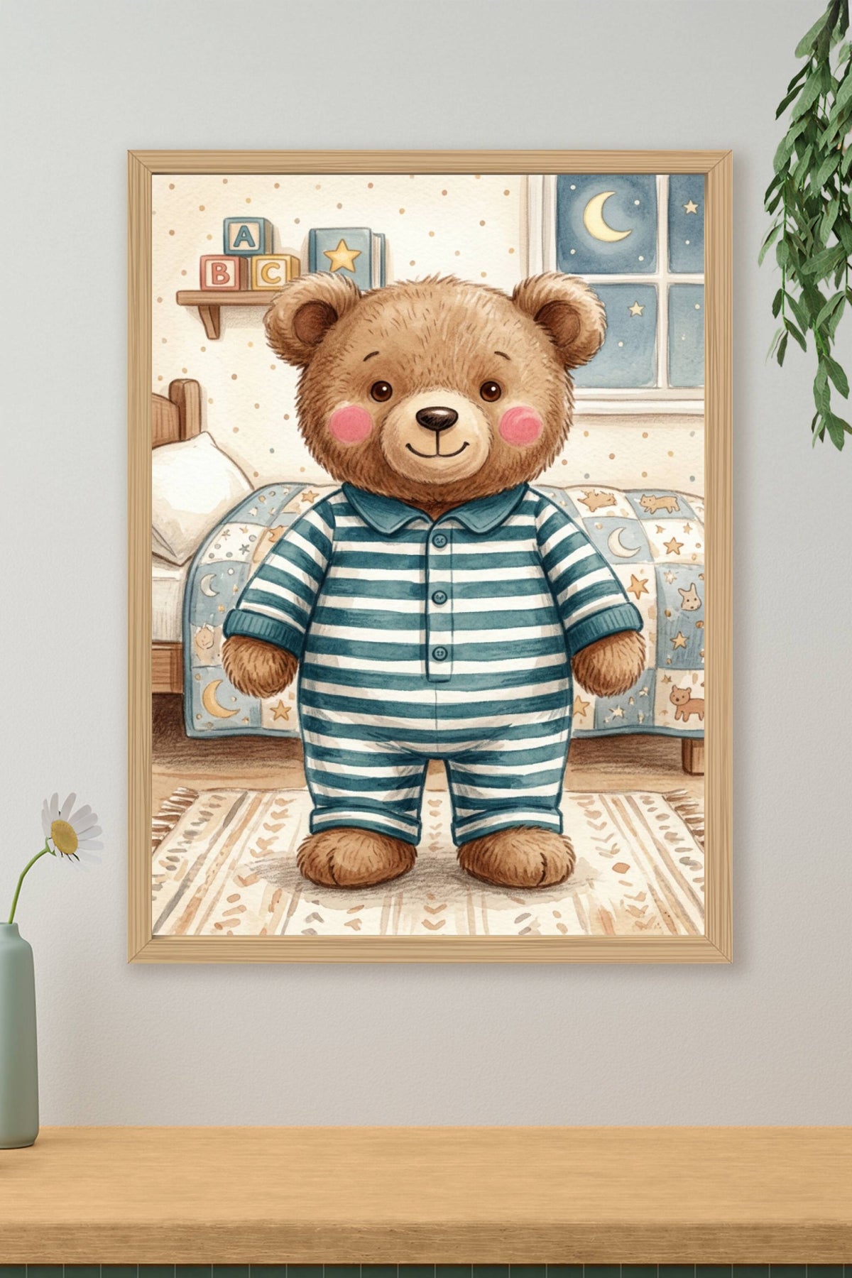 Poster Ourson en pyjama, affiche poster à rayures bleues