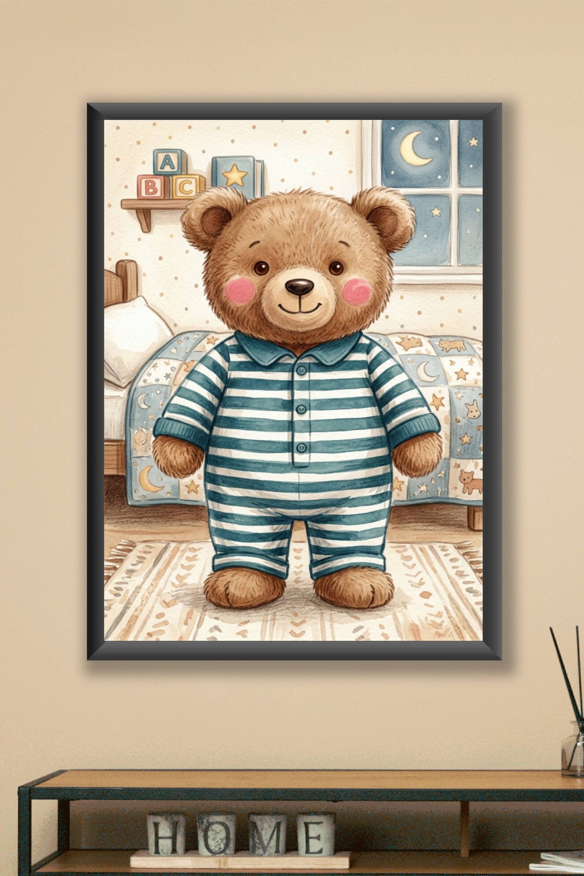 Poster Ourson en pyjama, affiche poster à rayures bleues