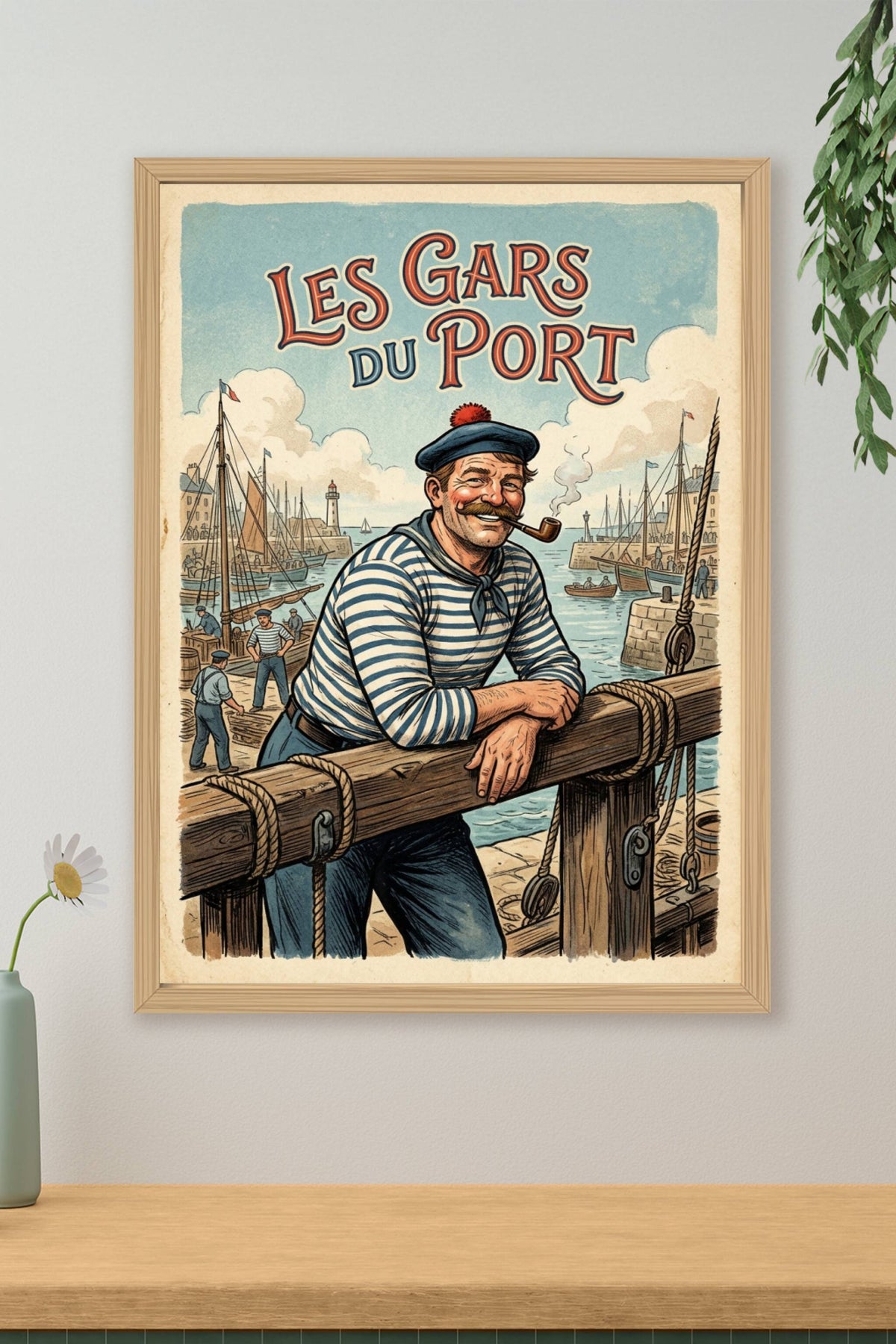 Poster des Gars du Port, marinière et pipe vintage
