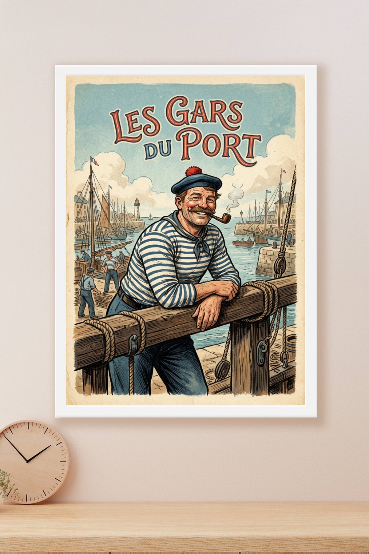 Poster des Gars du Port, marinière et pipe vintage