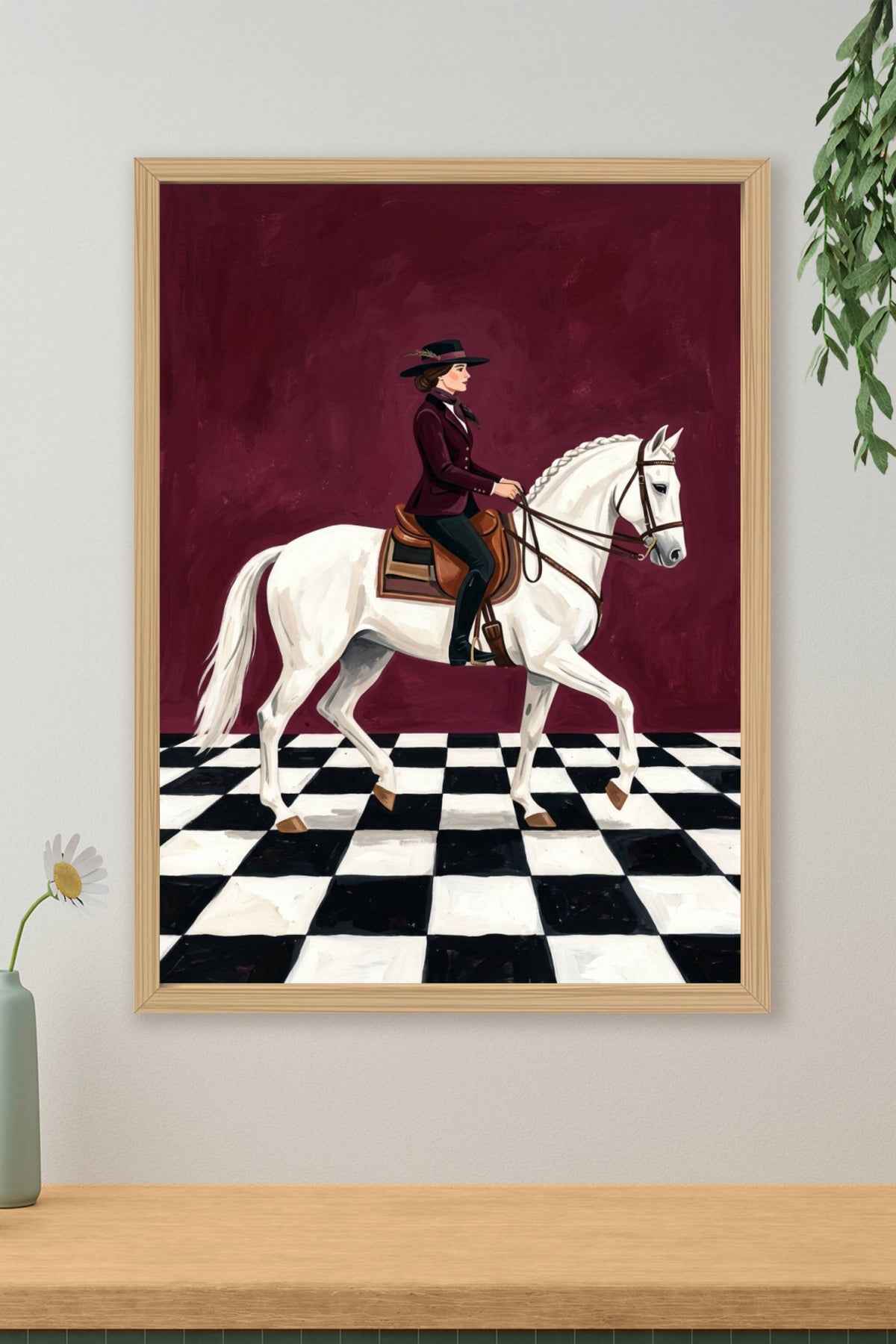 Poster Cavalière sur cheval blanc, affiche décor damier