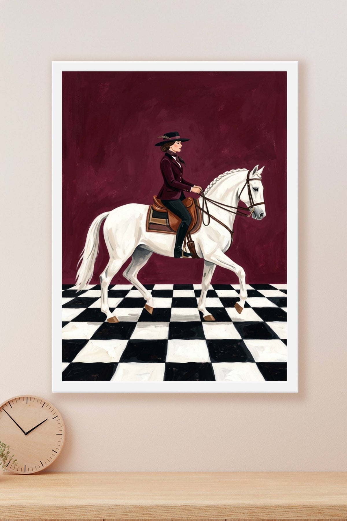 Poster Cavalière sur cheval blanc, affiche décor damier