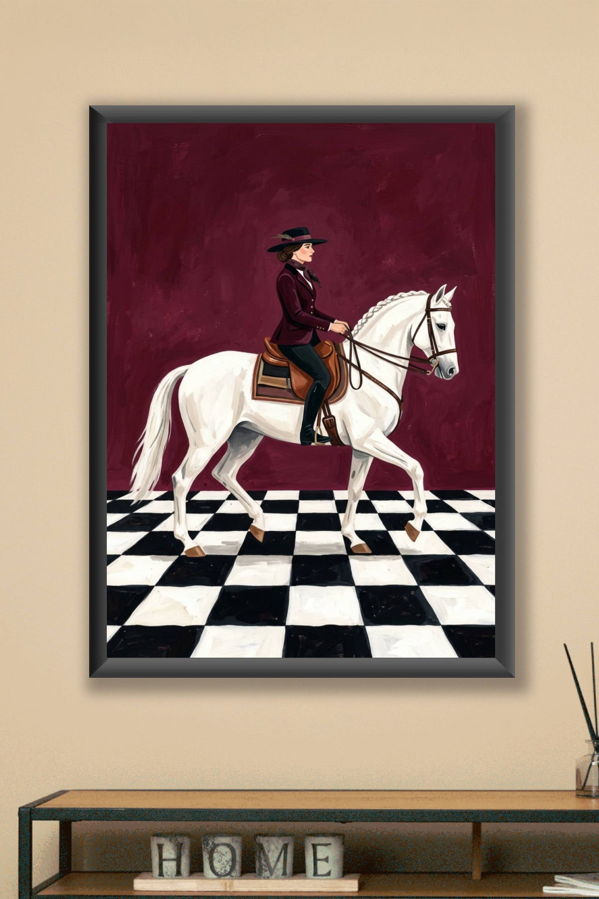 Poster Cavalière sur cheval blanc, affiche décor damier