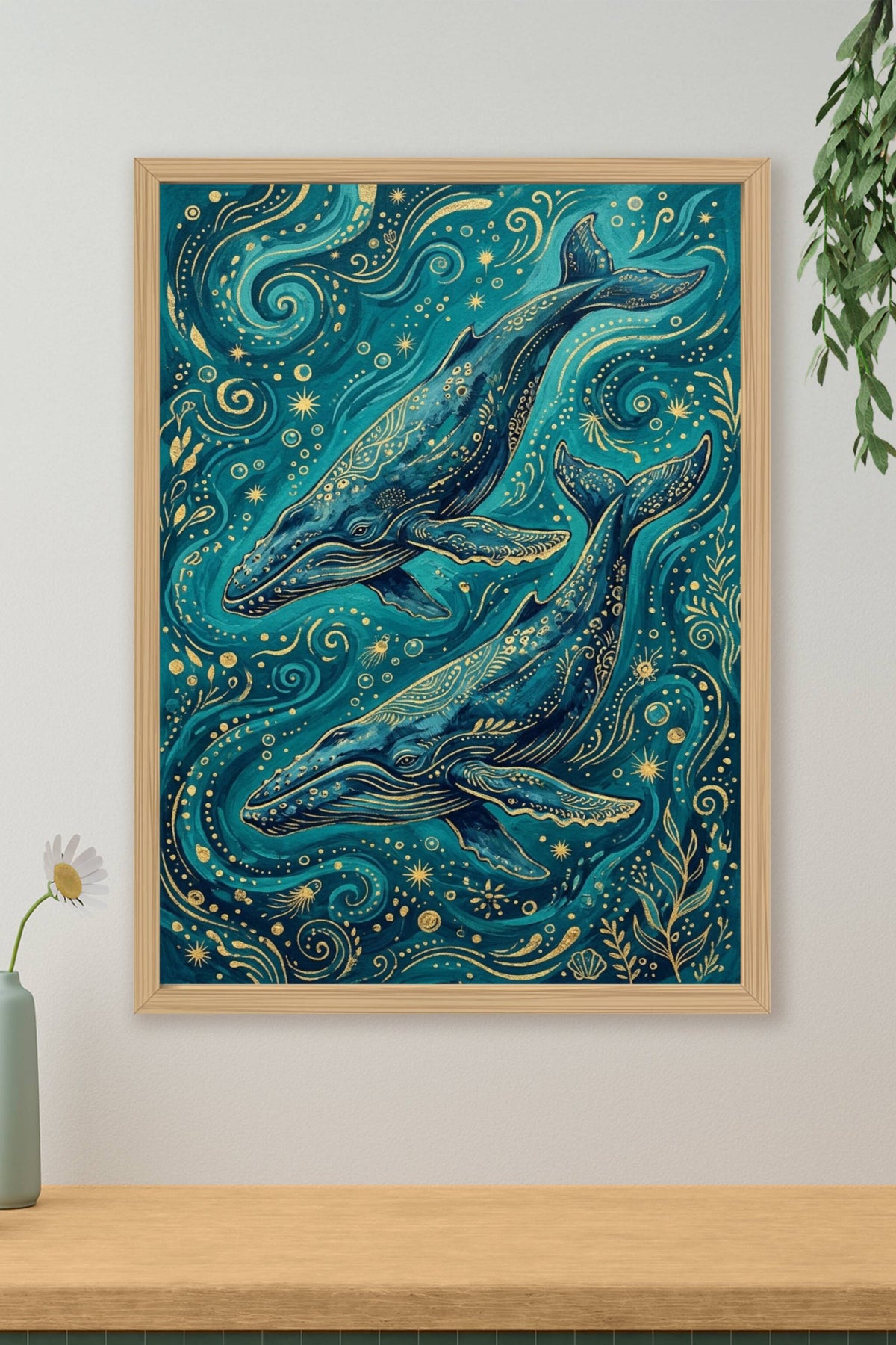 Poster baleines bleues et dorées, illustration marine