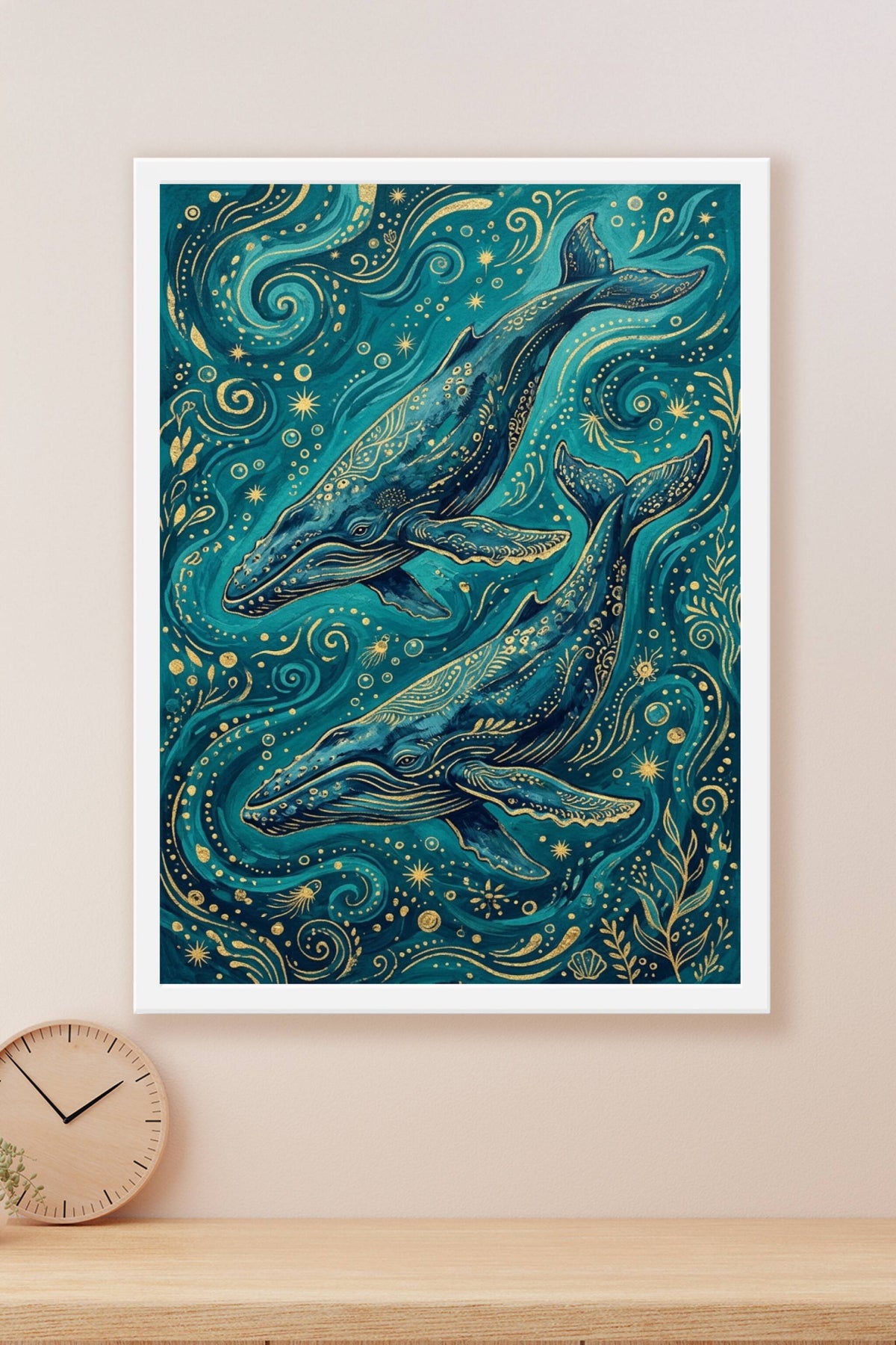 Poster baleines bleues et dorées, illustration marine