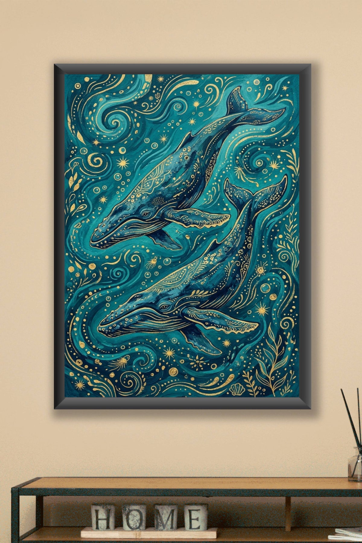 Poster baleines bleues et dorées, illustration marine