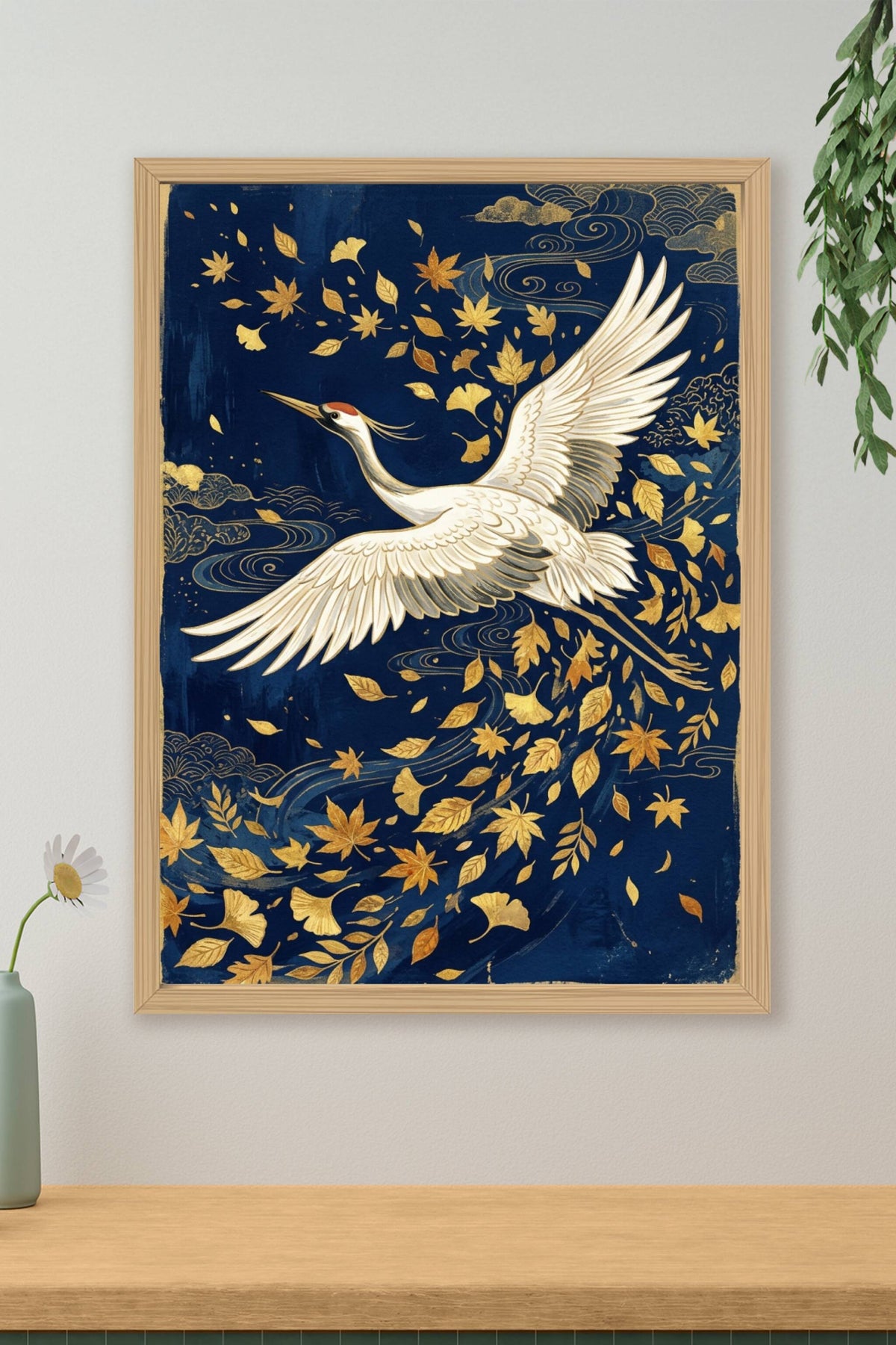 Poster Grue japonaise, affiche feuilles dorées au salon
