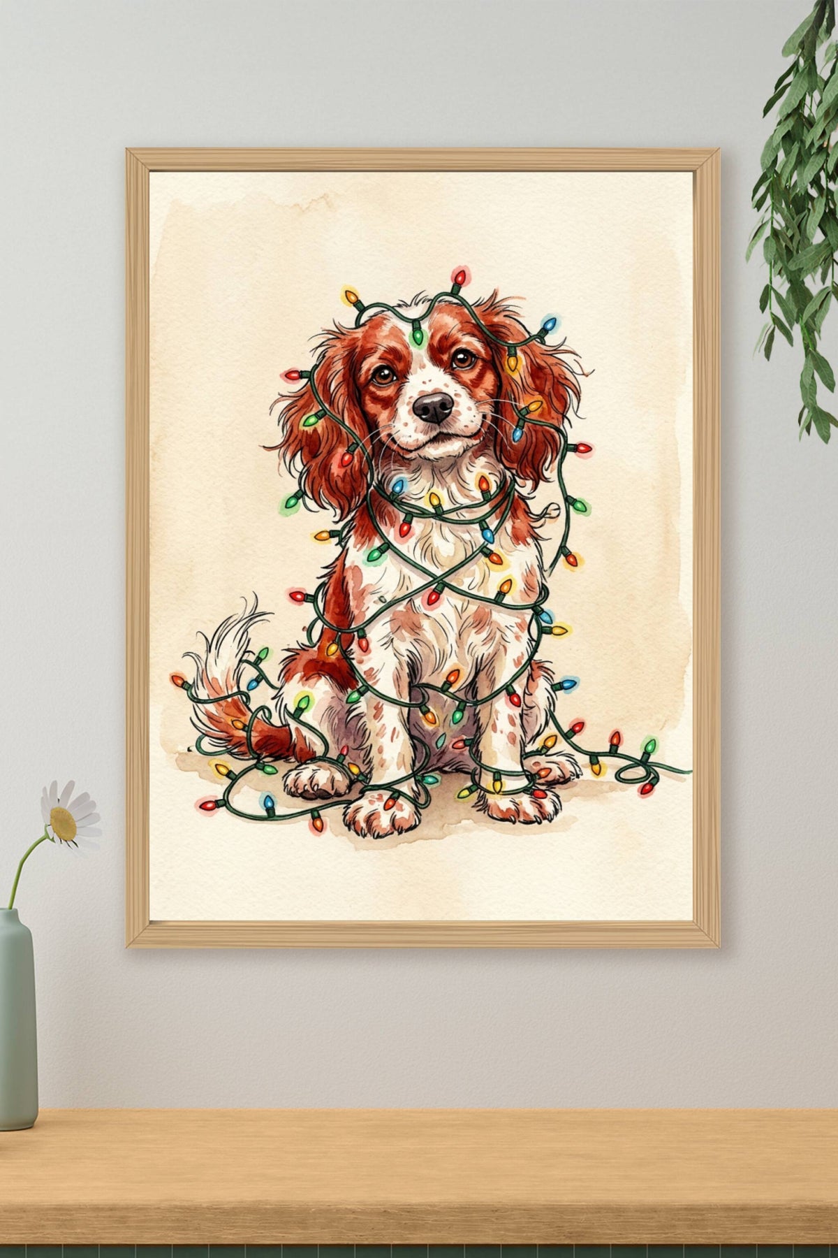 Poster Cavalier King Charles de Noël, guirlande lumineuse