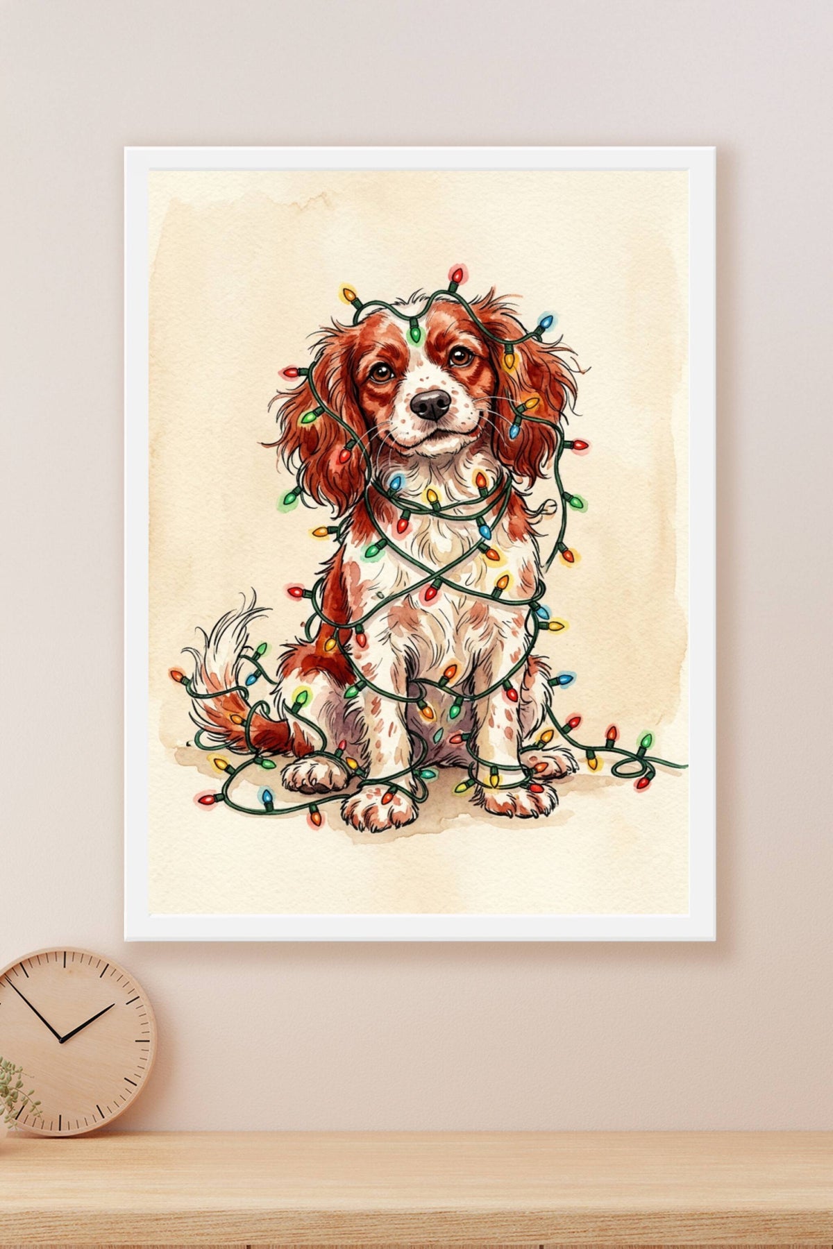 Poster Cavalier King Charles de Noël, guirlande lumineuse