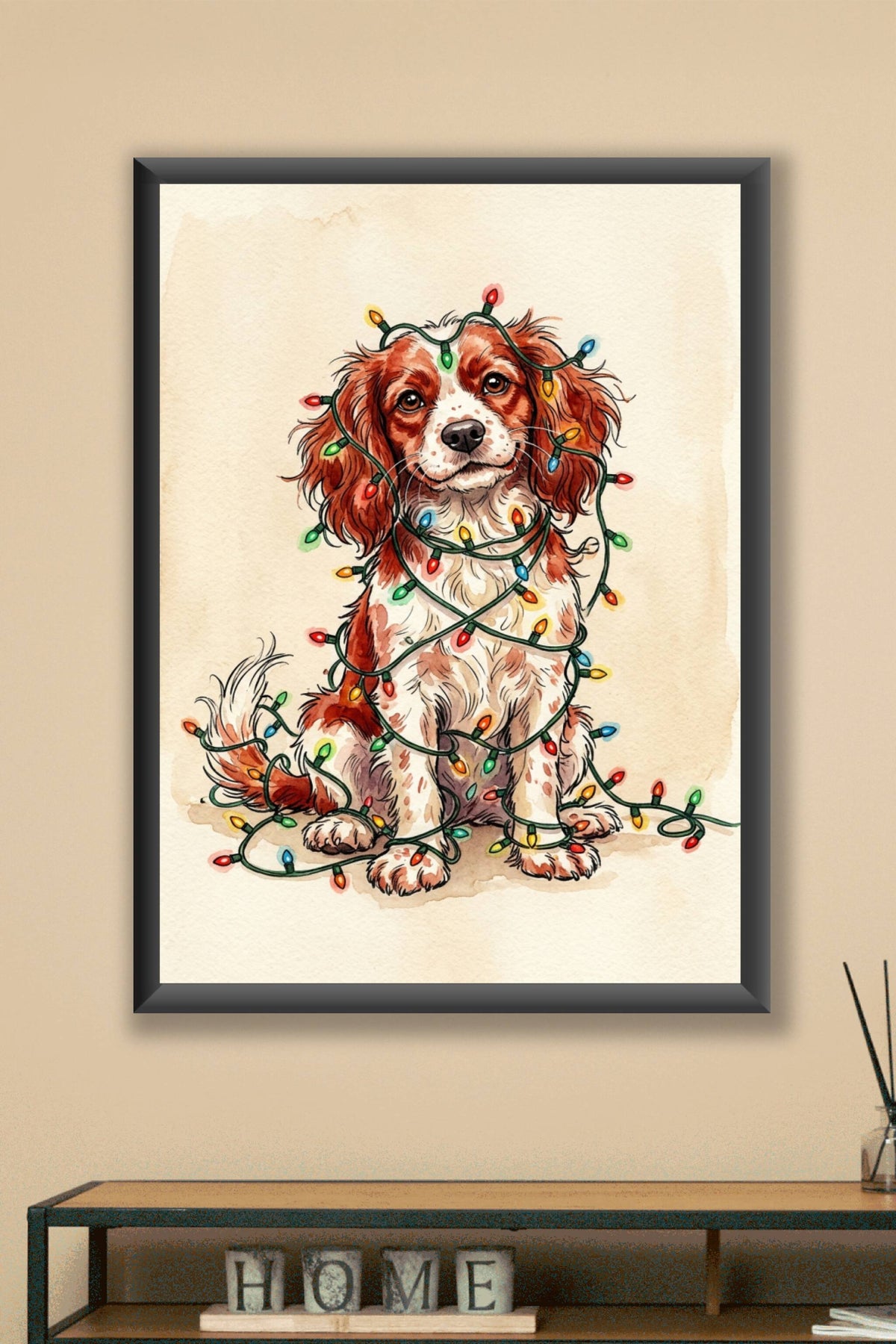Poster Cavalier King Charles de Noël, guirlande lumineuse