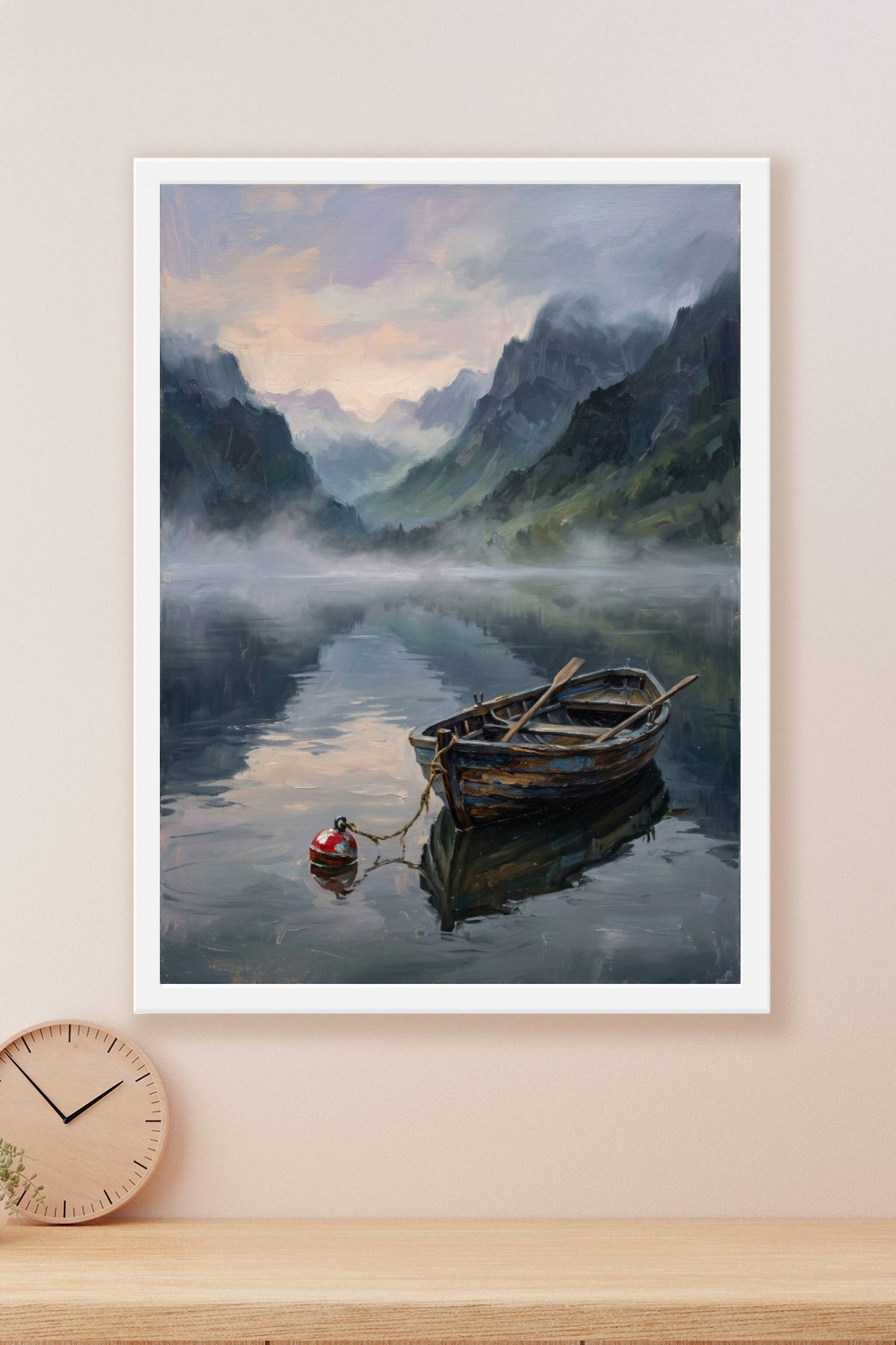 Affiche Lac de montagne, poster barque et paysage brumeux