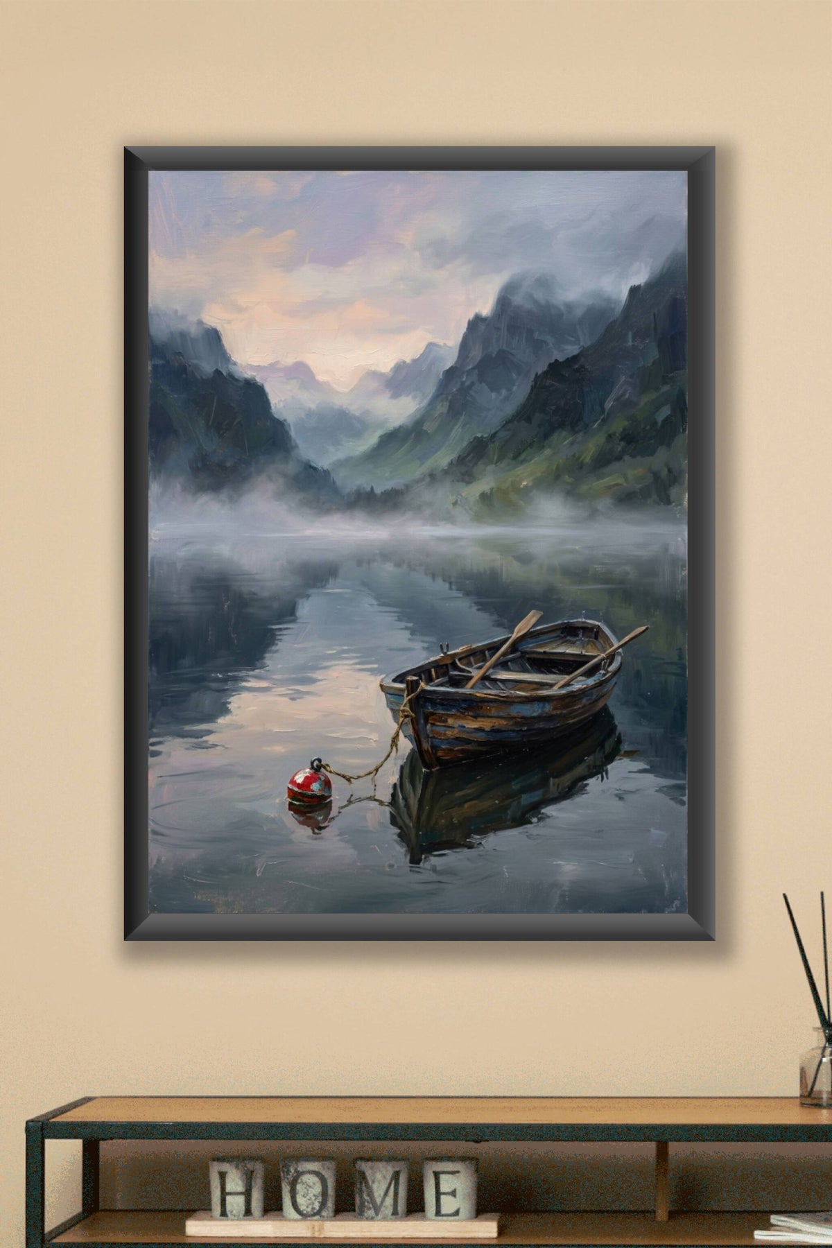 Affiche Lac de montagne, poster barque et paysage brumeux