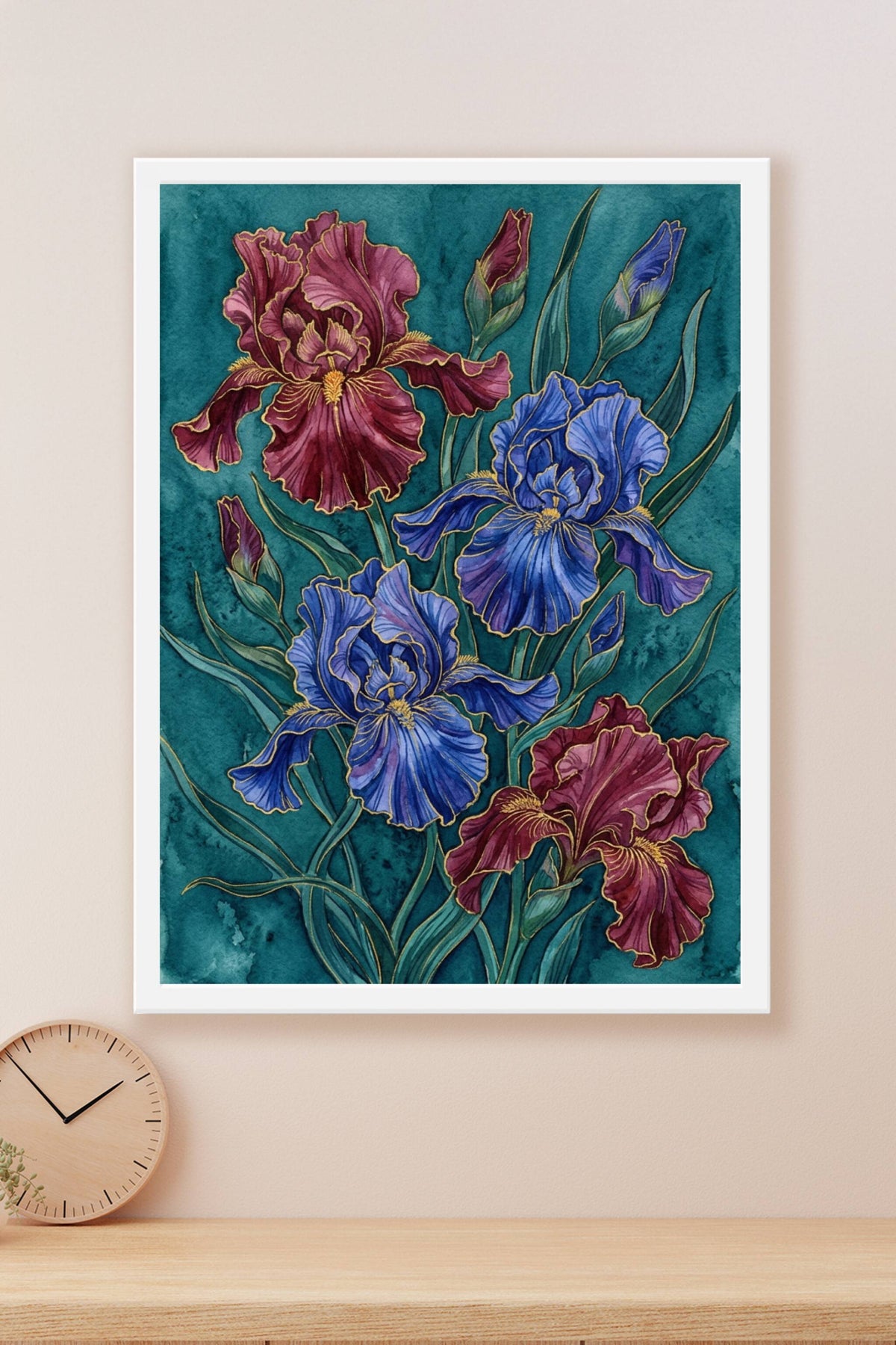 Poster Iris botaniques, affiche aux contours dorés