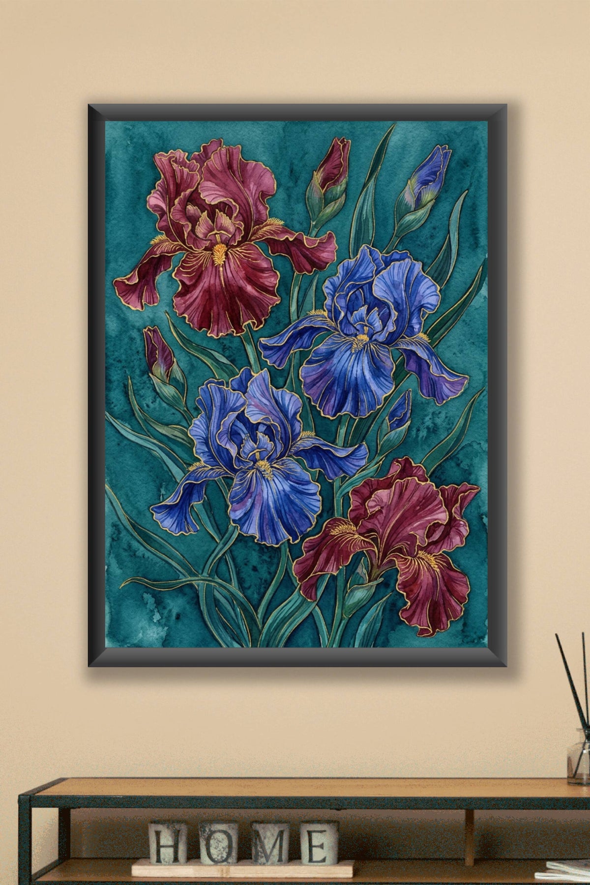 Poster Iris botaniques, affiche aux contours dorés