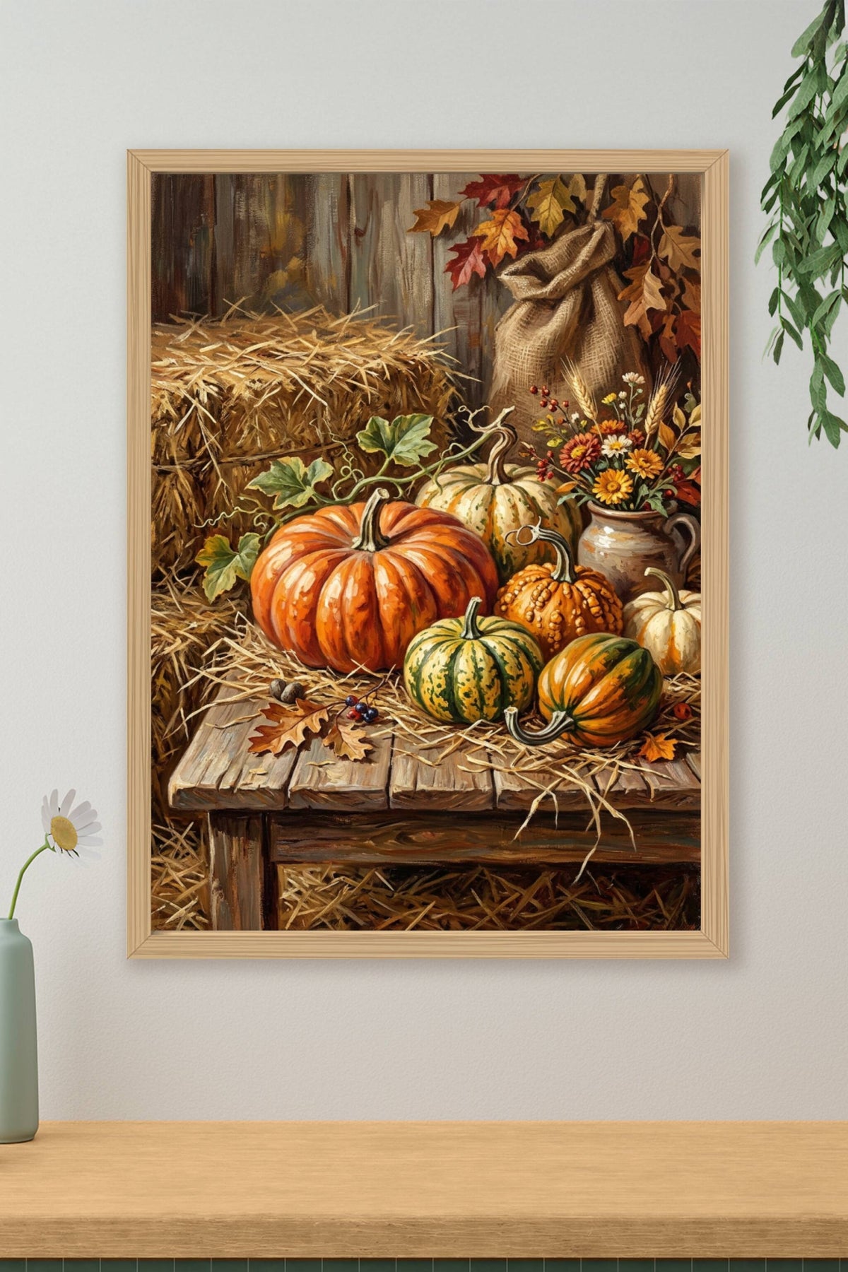 Affiche d'automne, poster citrouilles et foin