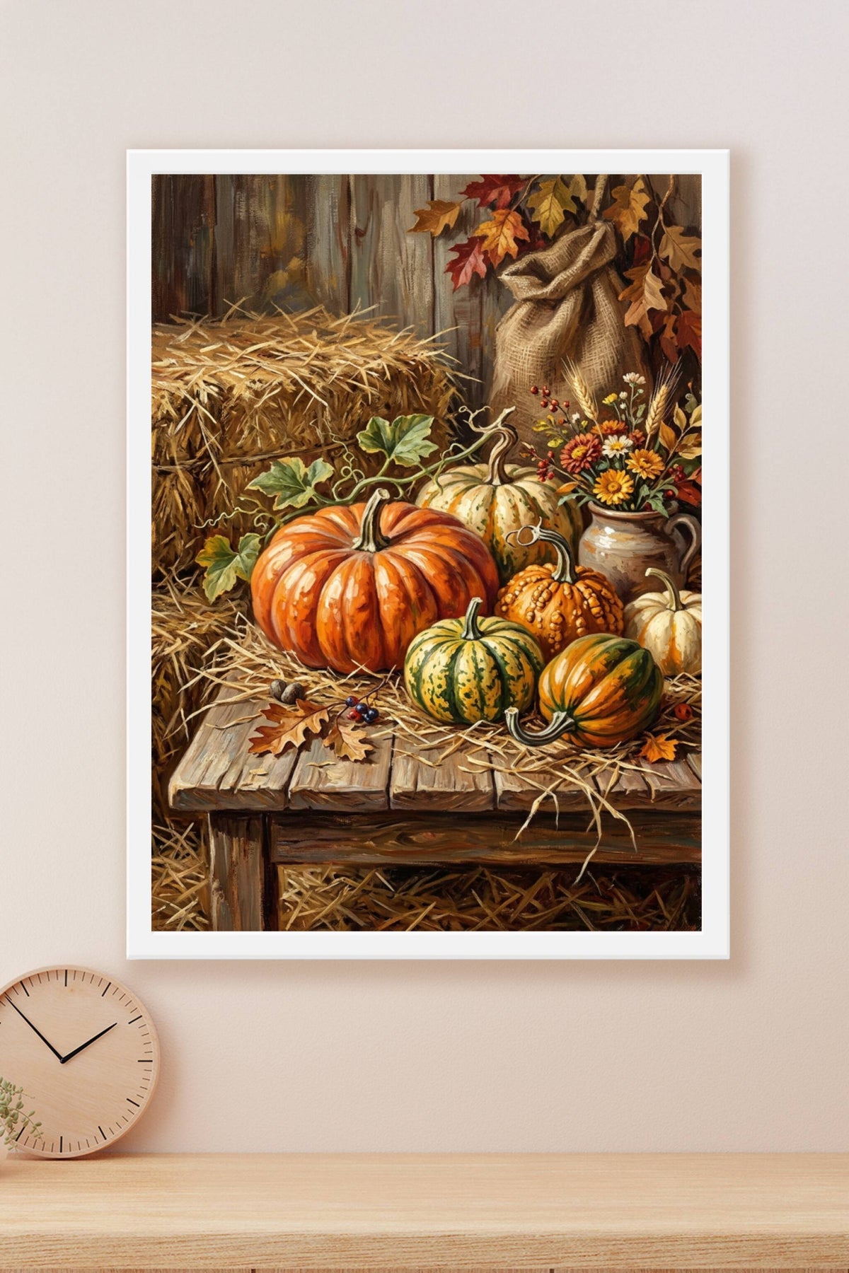 Affiche d'automne, poster citrouilles et foin