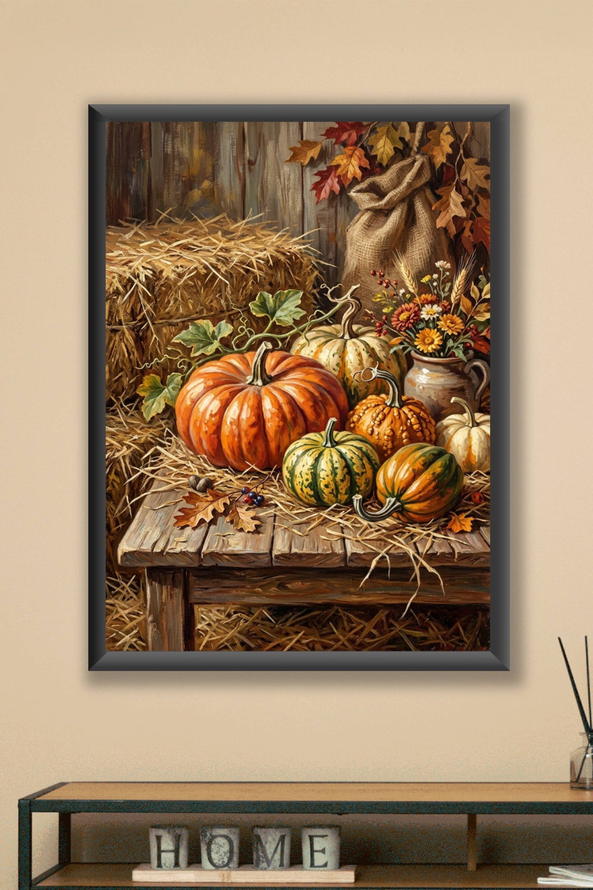 Affiche d'automne, poster citrouilles et foin
