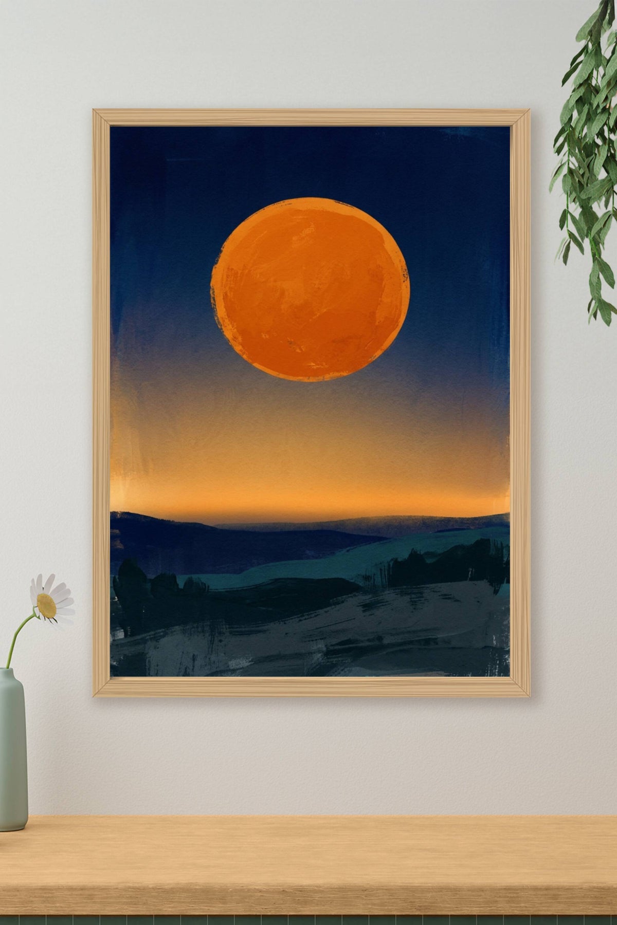 Affiche Lune orange, poster paysage de nuit
