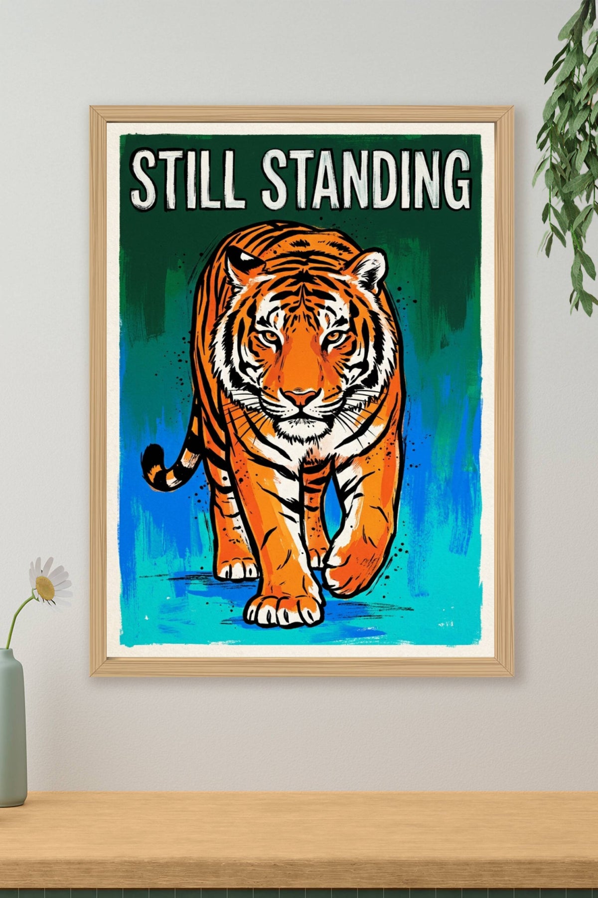 Poster Tigre Still Standing, affiche fond bleu vert