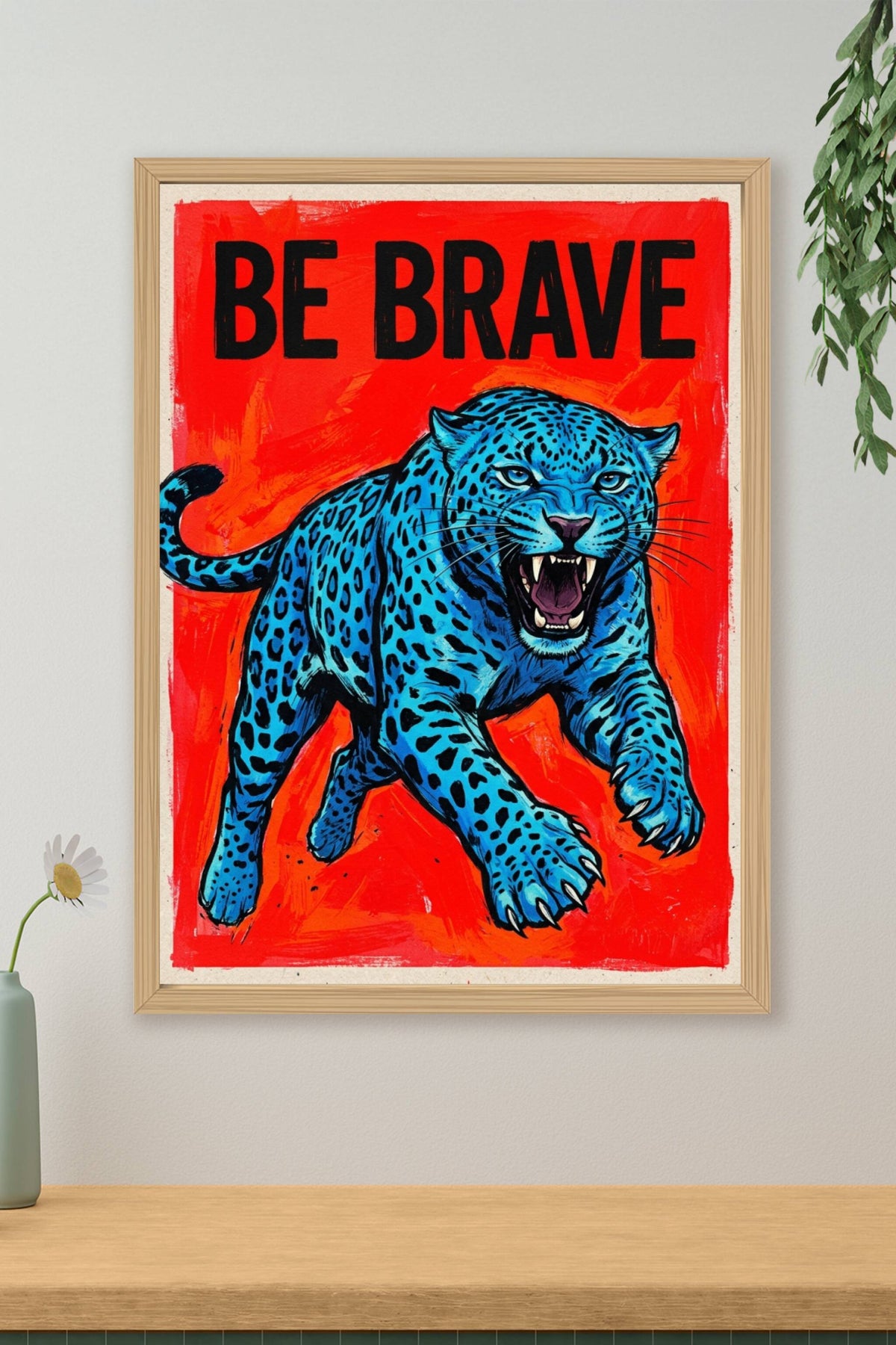 Poster Léopard bleu Be Brave, affiche déco salon