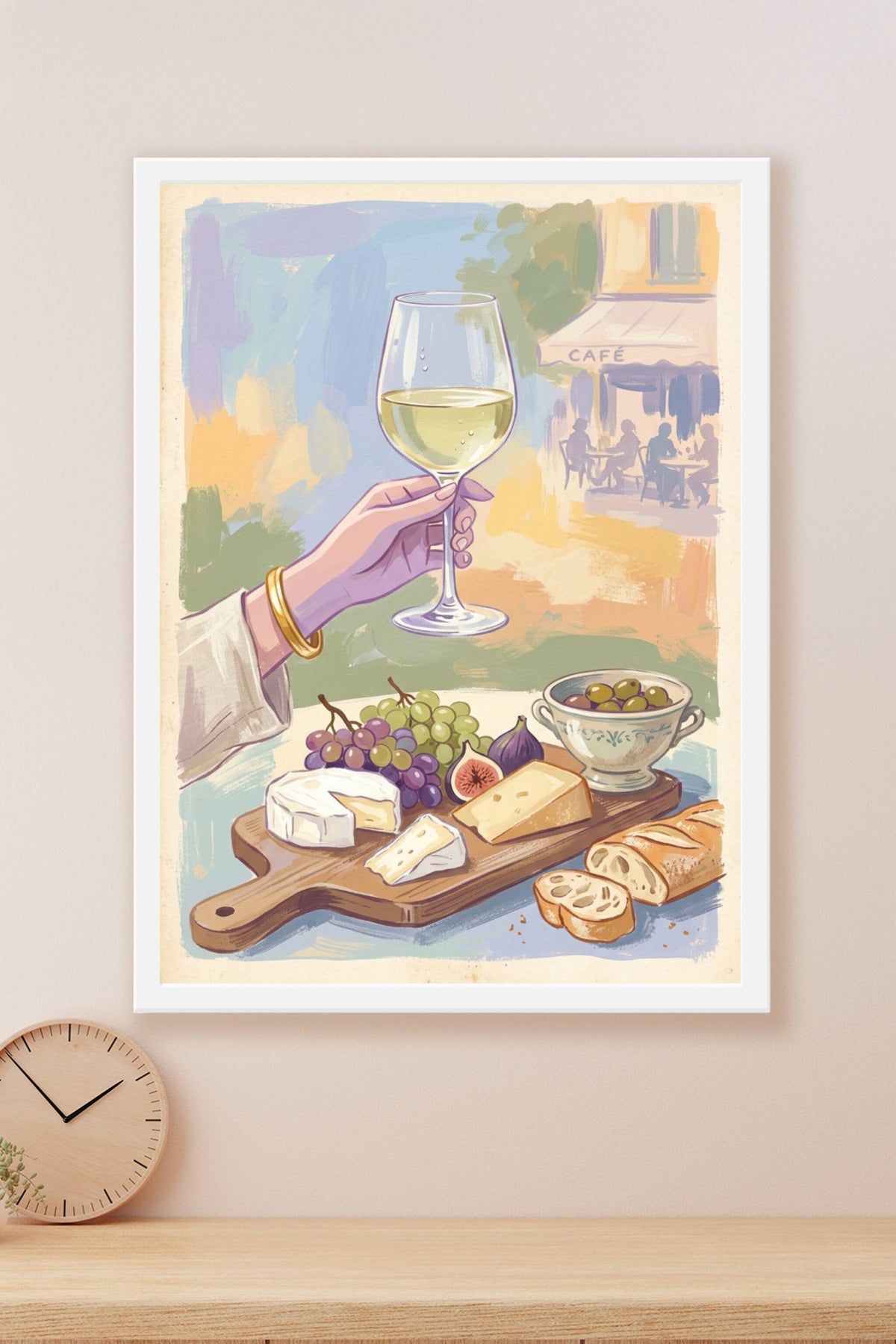 Affiche d'apéro en terrasse, poster vin blanc déco