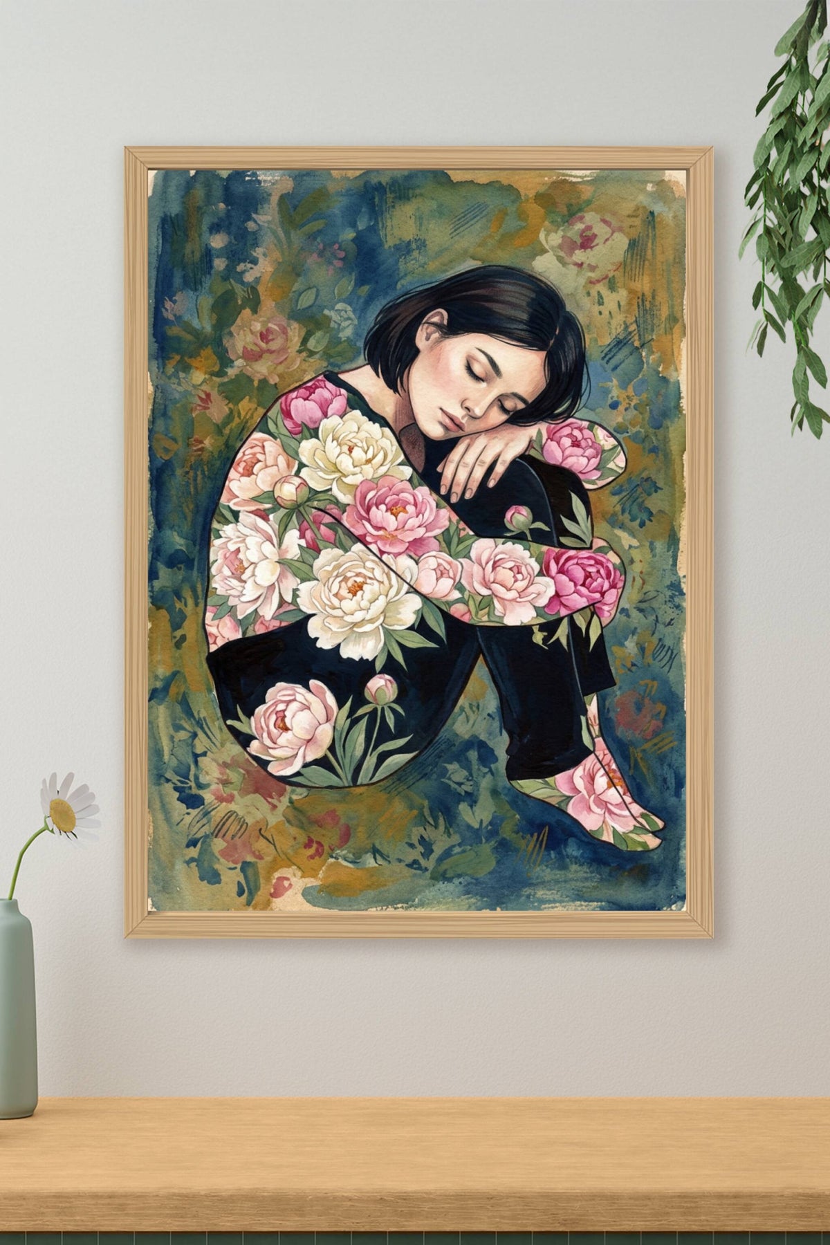 Affiche Femme aux pivoines, poster floral illustré