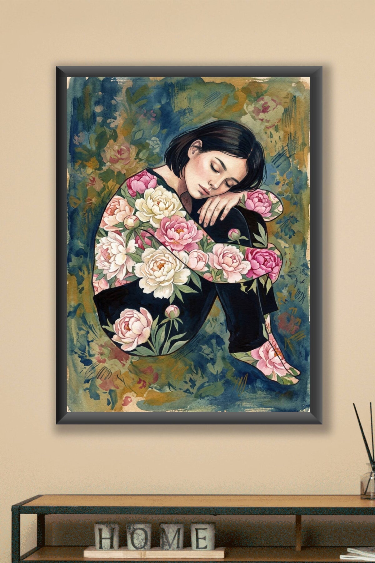 Affiche Femme aux pivoines, poster floral illustré