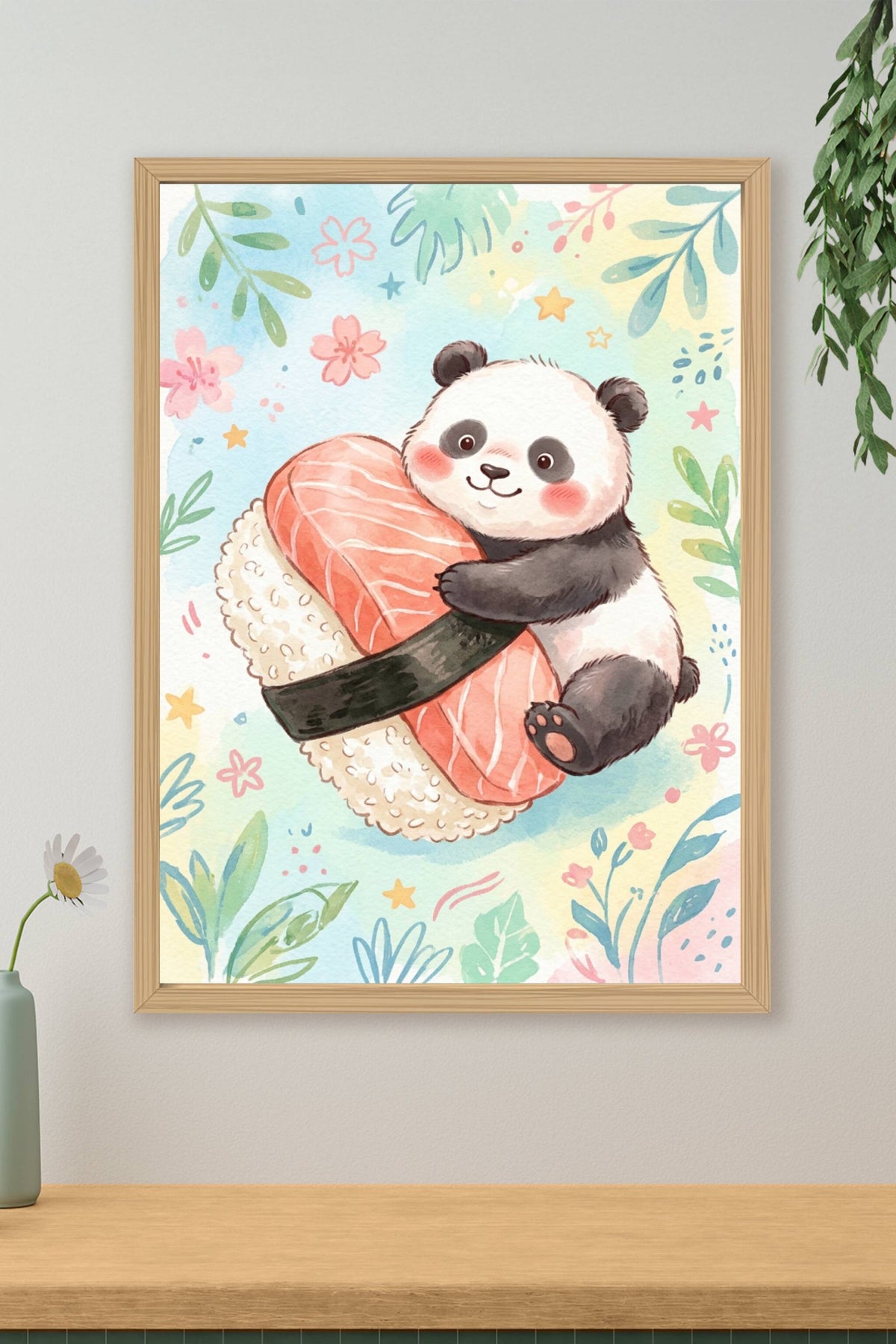 Affiche Panda sushi, poster style aquarelle