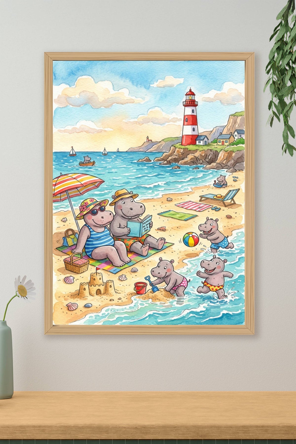 Poster Hippopotames à la plage, affiche phare rouge
