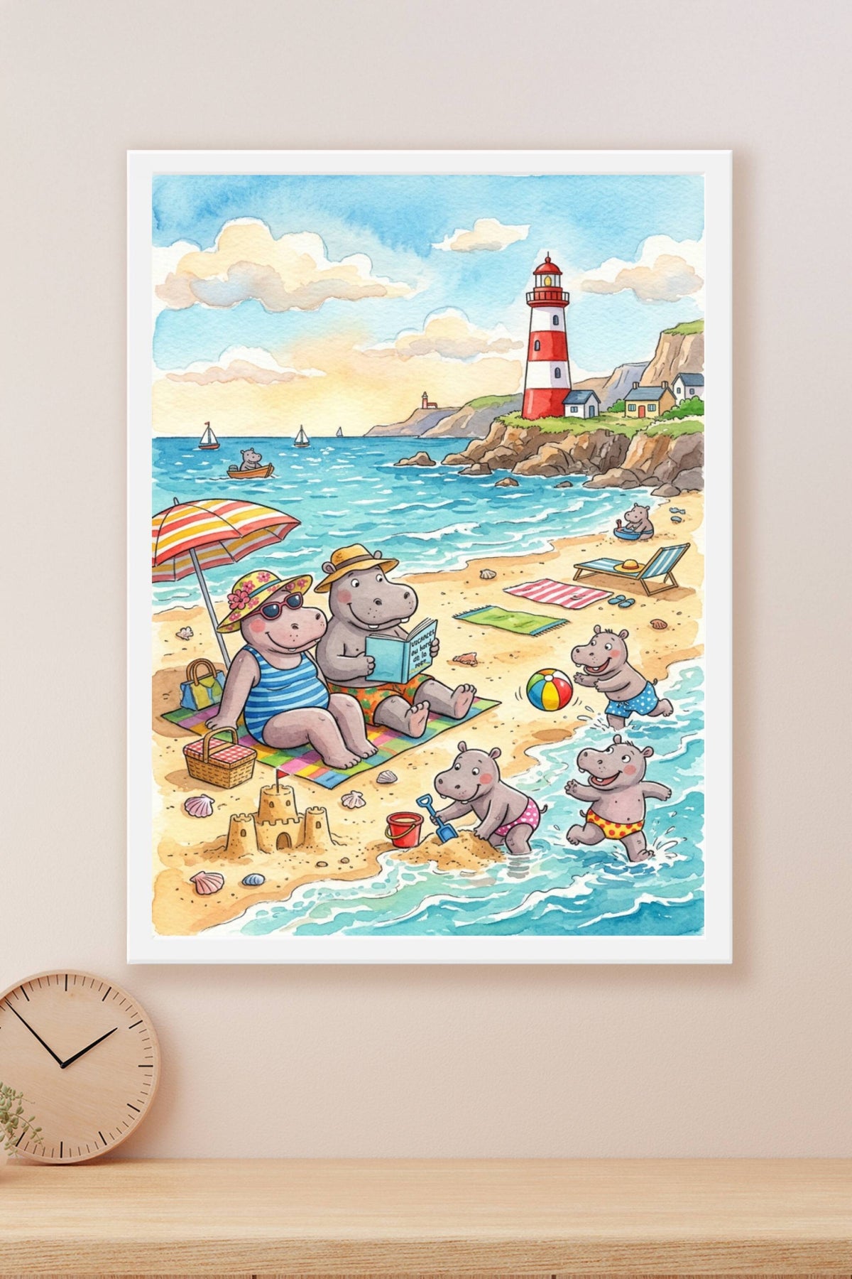 Poster Hippopotames à la plage, affiche phare rouge