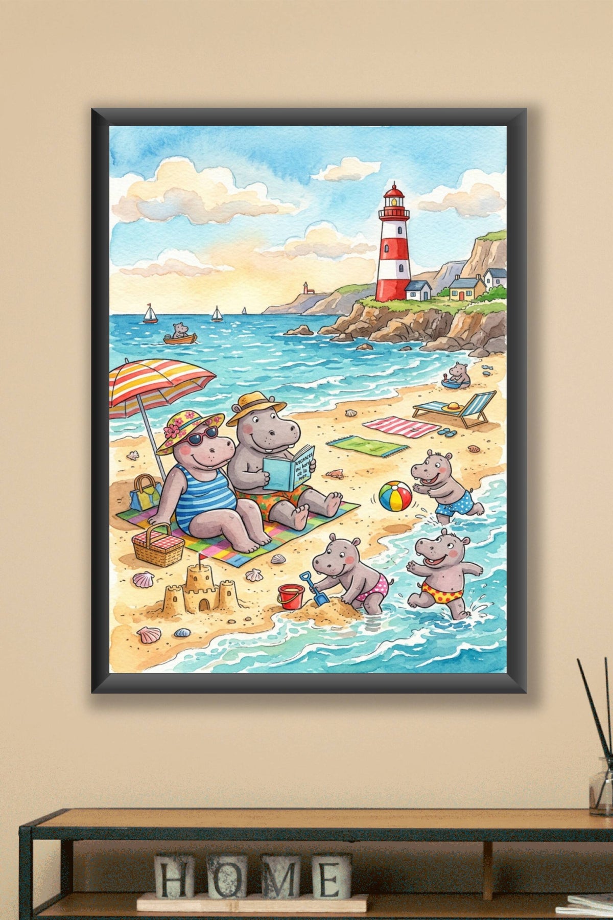 Poster Hippopotames à la plage, affiche phare rouge